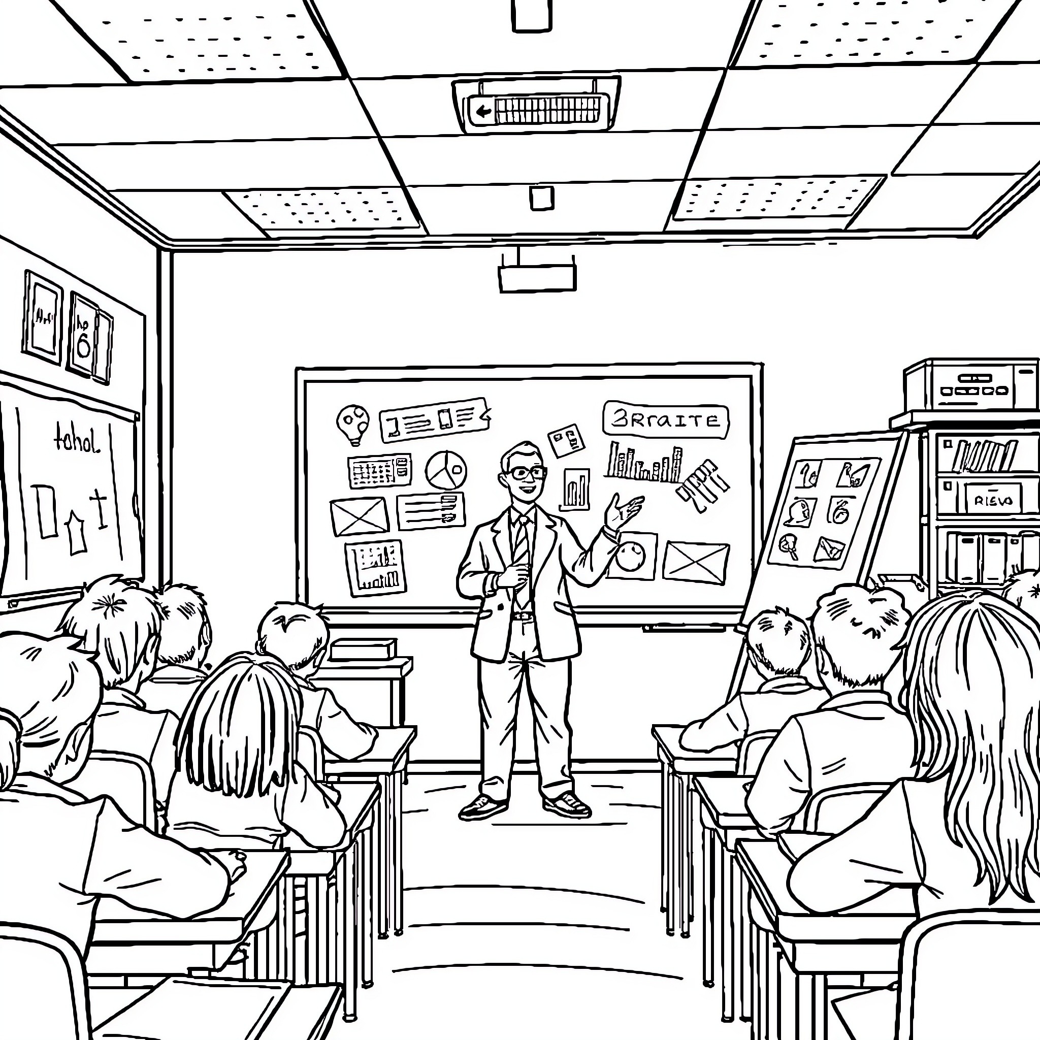 Teacher Presenting Engaging Lesson in Classroom Coloring Page (free black-and-white line drawing printable PDF for all, from beginners to advanced learners, including children, teens, adults, and seniors)