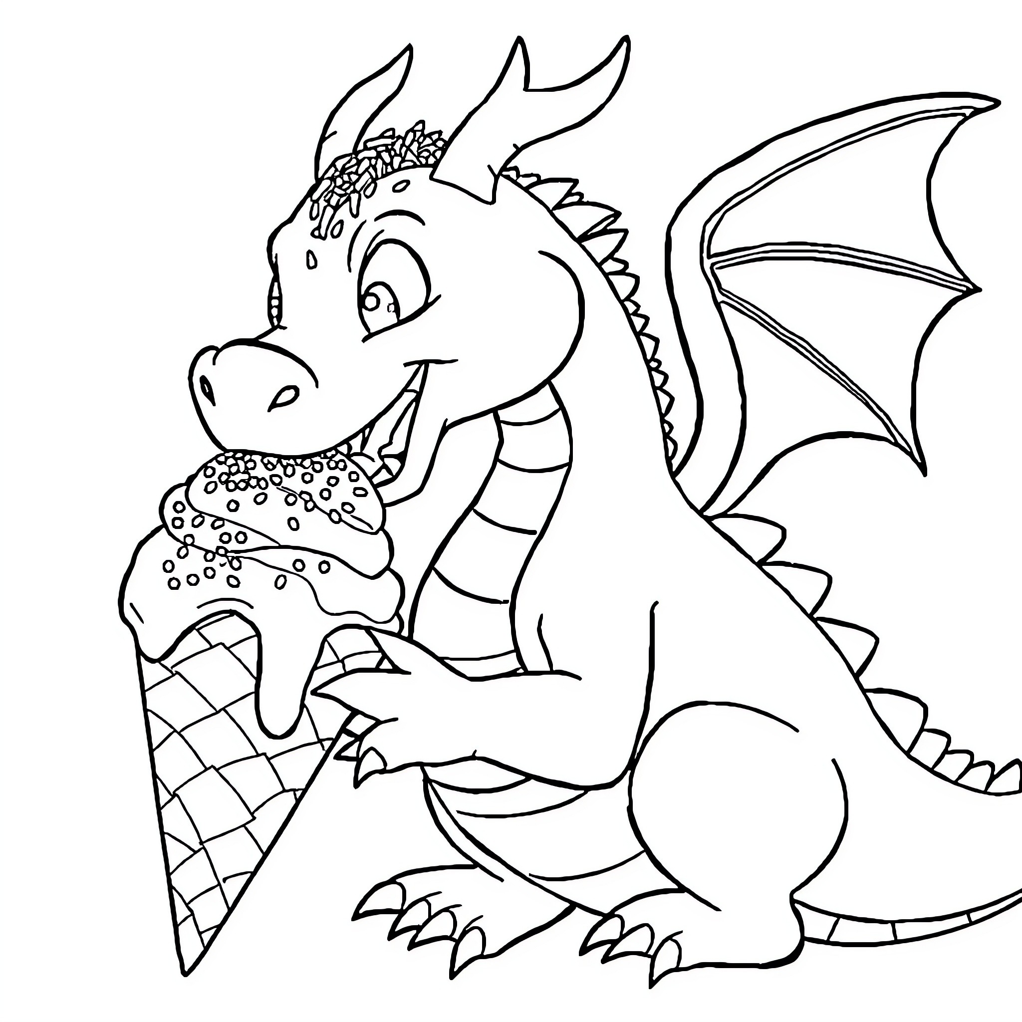 Dragon enjoying a delightful ice cream cone Coloring Page (free black-and-white line drawing printable PDF for all, from beginners to advanced learners, including children, teens, adults, and seniors)