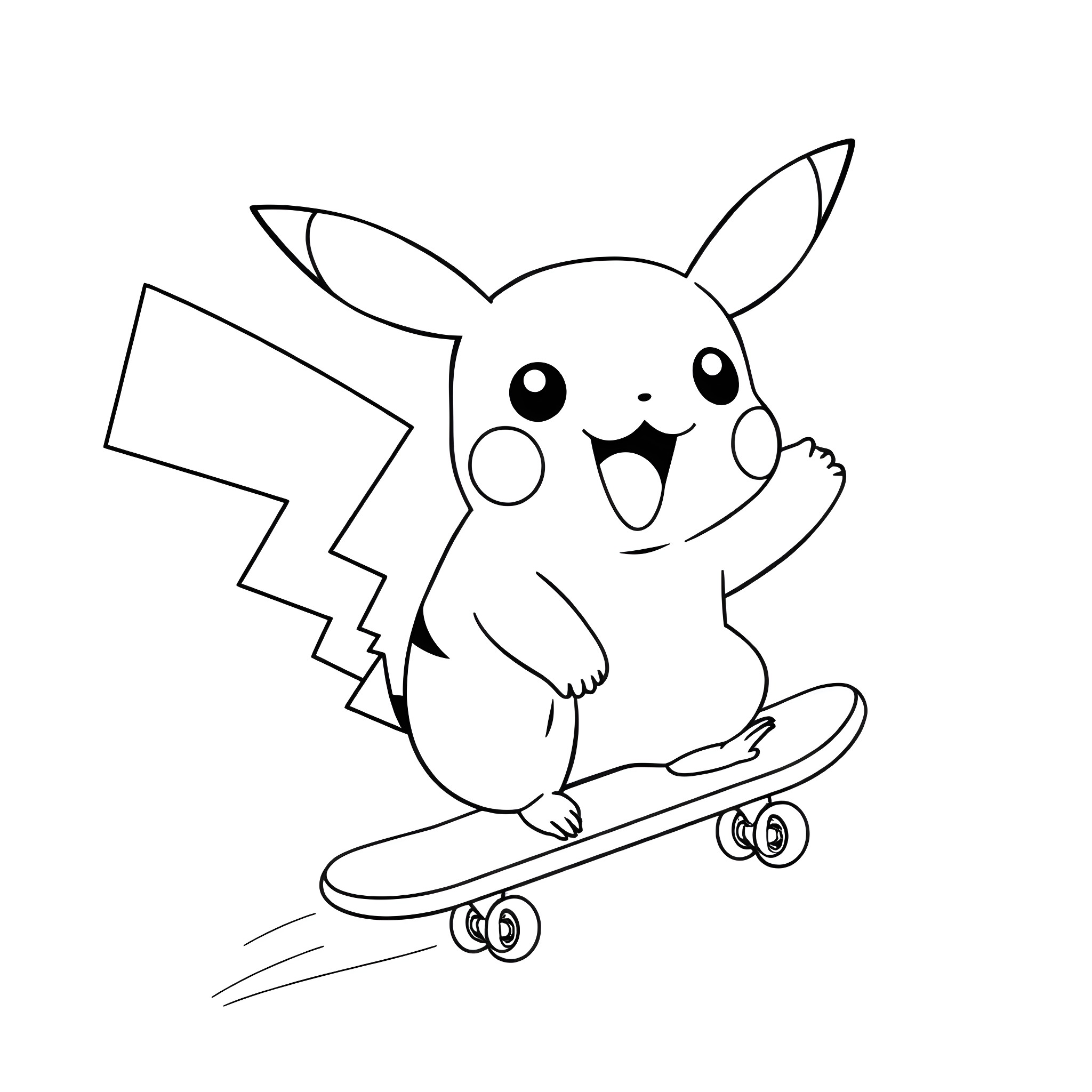 Pikachu riding a skateboard happily Coloring Page (free black-and-white line drawing printable PDF for all, from beginners to advanced learners, including children, teens, adults, and seniors)