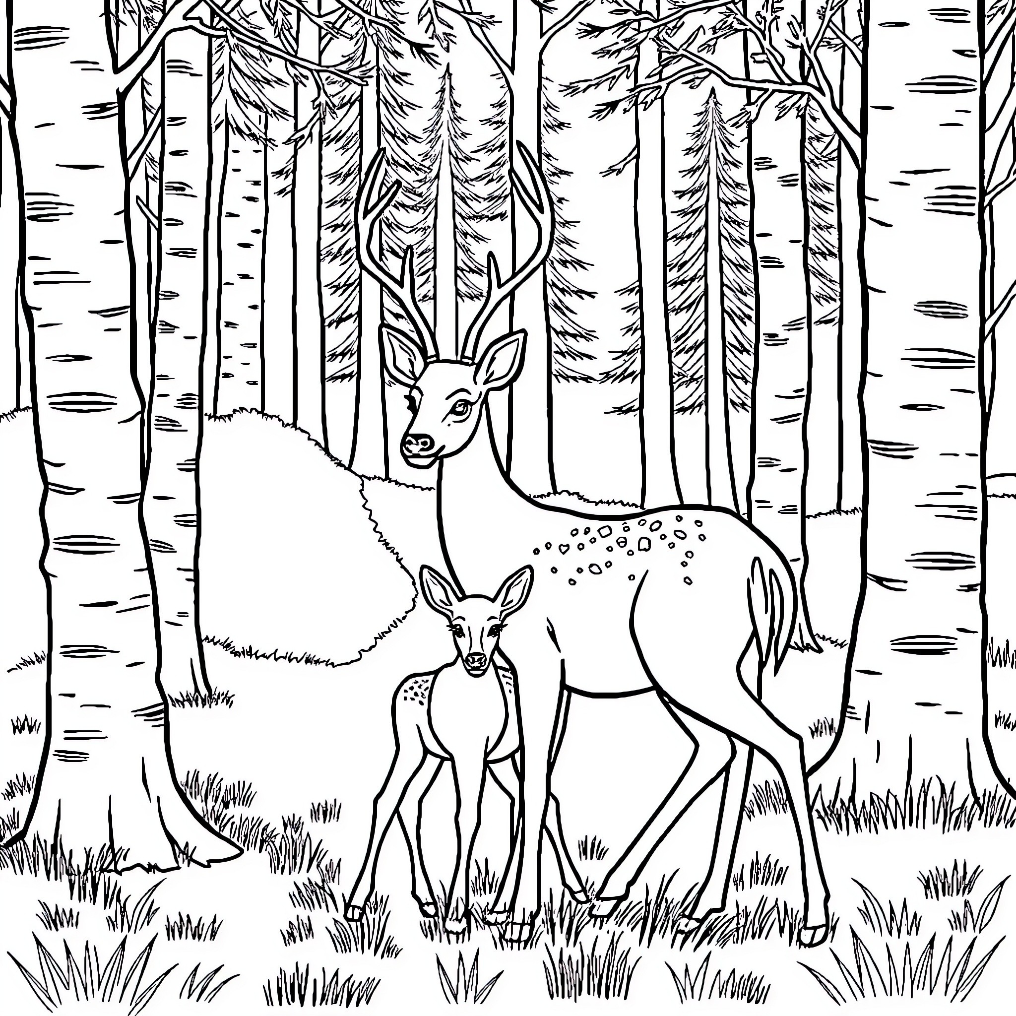 Deer and fawn in the forest Coloring Page (free black-and-white line drawing printable PDF for all, from beginners to advanced learners, including children, teens, adults, and seniors)