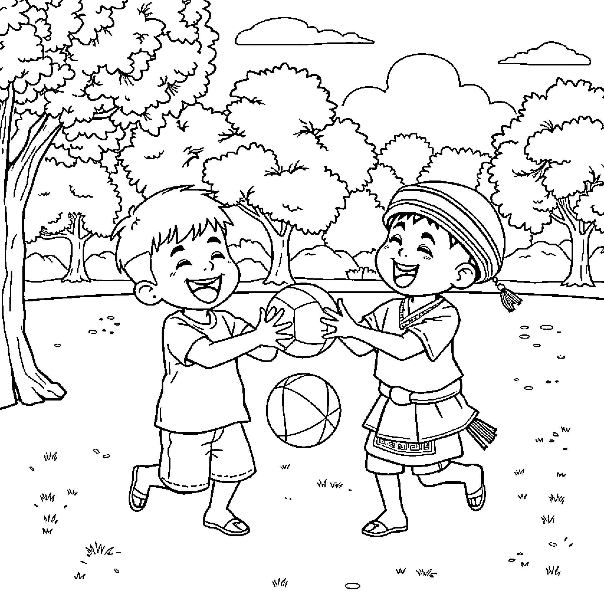 Boy friends playing together in the park Coloring Page (free black-and-white line drawing printable PDF for all, from beginners to advanced learners, including children, teens, adults, and seniors)