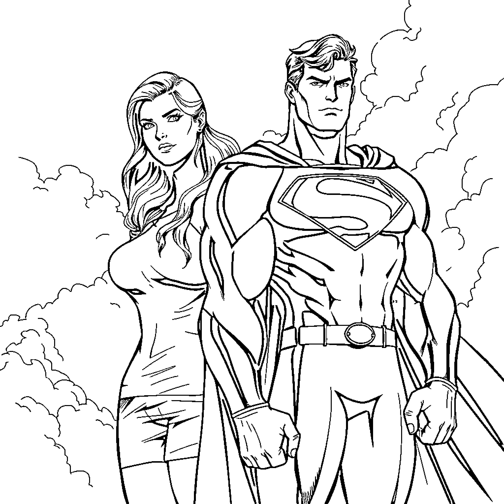 Superman and partner ready for heroic adventure Coloring Page (free black-and-white line drawing printable PDF for all, from beginners to advanced learners, including children, teens, adults, and seniors)