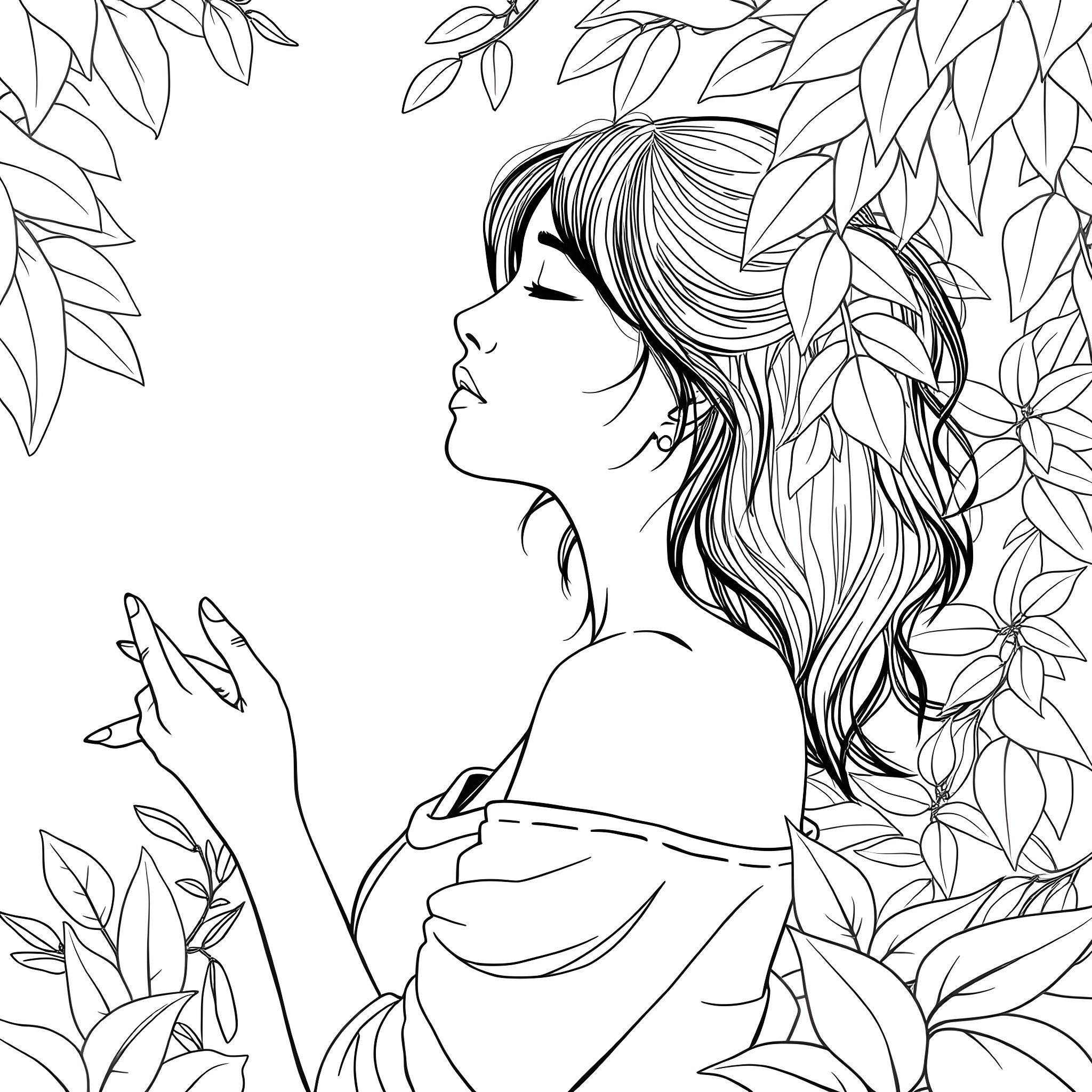 Girl surrounded by foliage with flowing hair Coloring Page (free black-and-white line drawing printable PDF for all, from beginners to advanced learners, including children, teens, adults, and seniors)