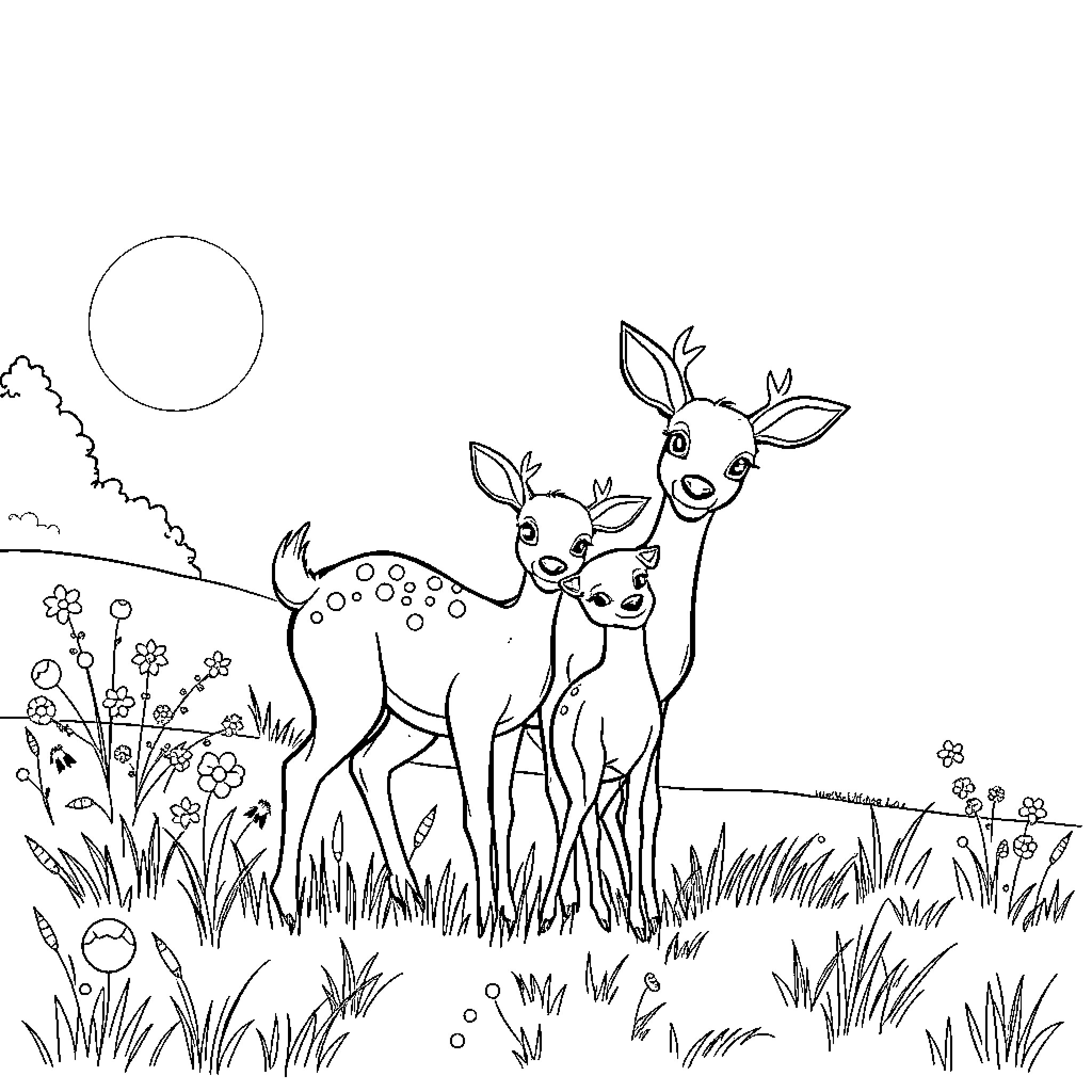 Deer frolicking joyfully in the meadow Coloring Page (free black-and-white line drawing printable PDF for all, from beginners to advanced learners, including children, teens, adults, and seniors)