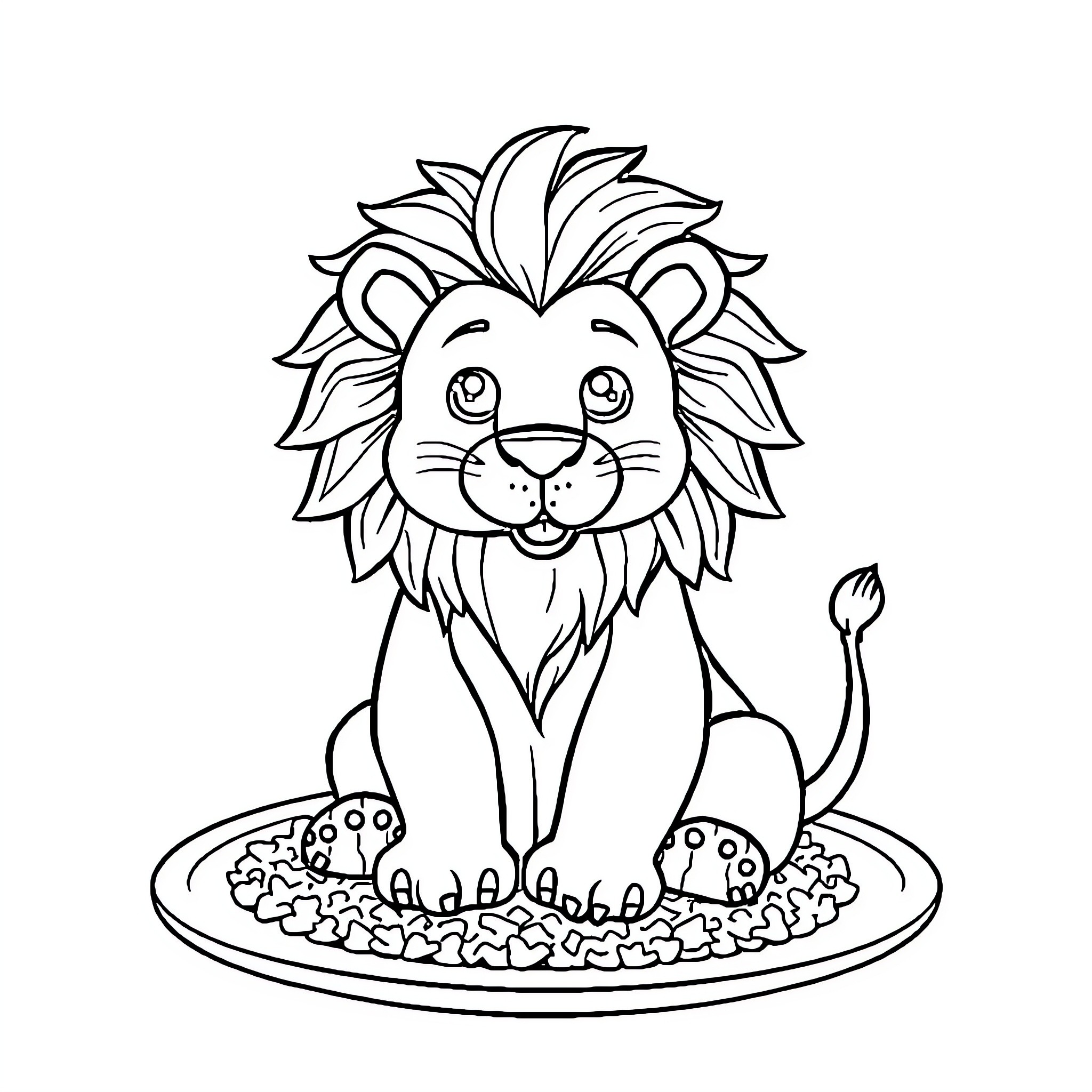 Sushi Lion Sitting Happily on Plate Coloring Page (free black-and-white line drawing printable PDF for all, from beginners to advanced learners, including children, teens, adults, and seniors)
