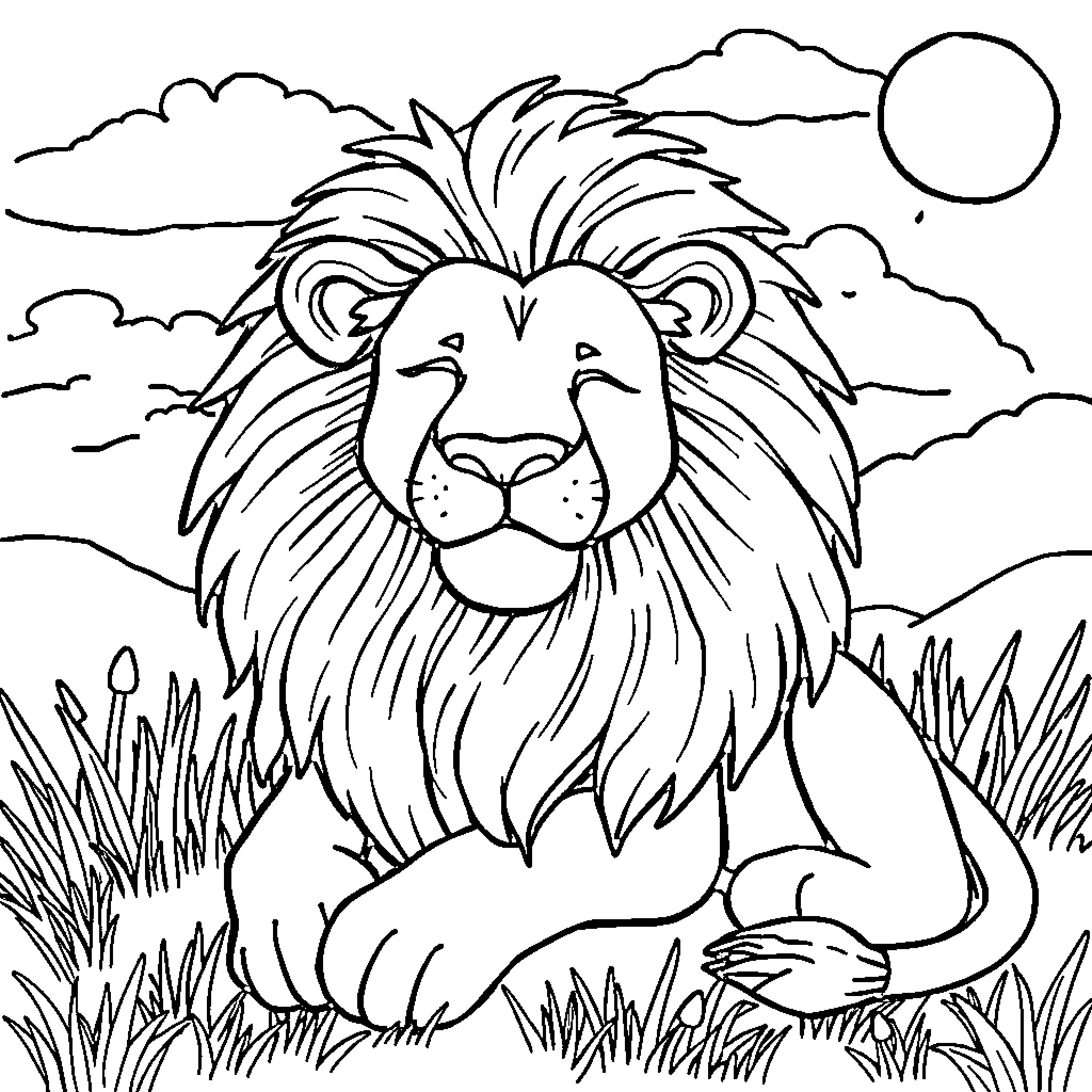 Lion resting peacefully in the savanna Coloring Page (free black-and-white line drawing printable PDF for all, from beginners to advanced learners, including children, teens, adults, and seniors)
