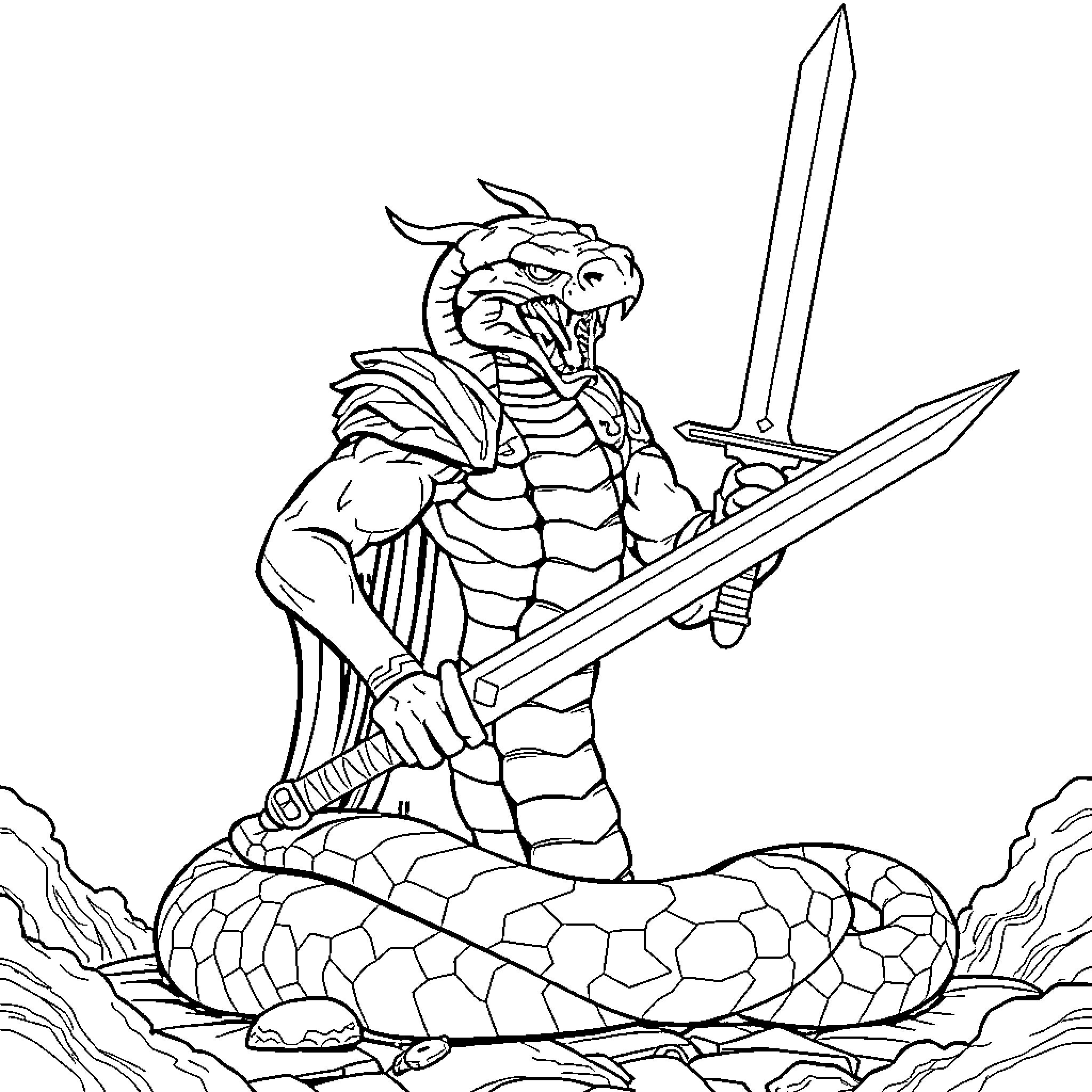 Snake King wielding powerful swords in epic battle Coloring Page (free black-and-white line drawing printable PDF for all, from beginners to advanced learners, including children, teens, adults, and seniors)