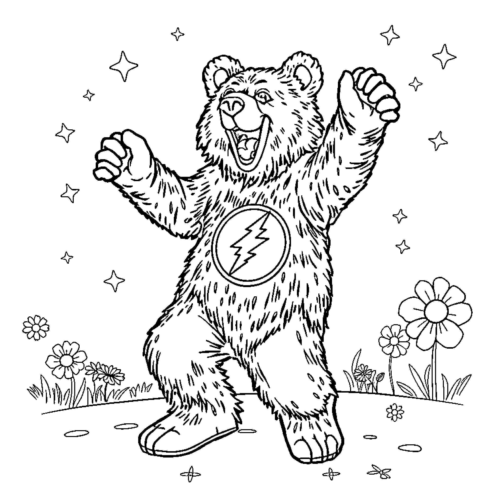 Bear celebrating joyfully in nature Coloring Page (free black-and-white line drawing printable PDF for all, from beginners to advanced learners, including children, teens, adults, and seniors)