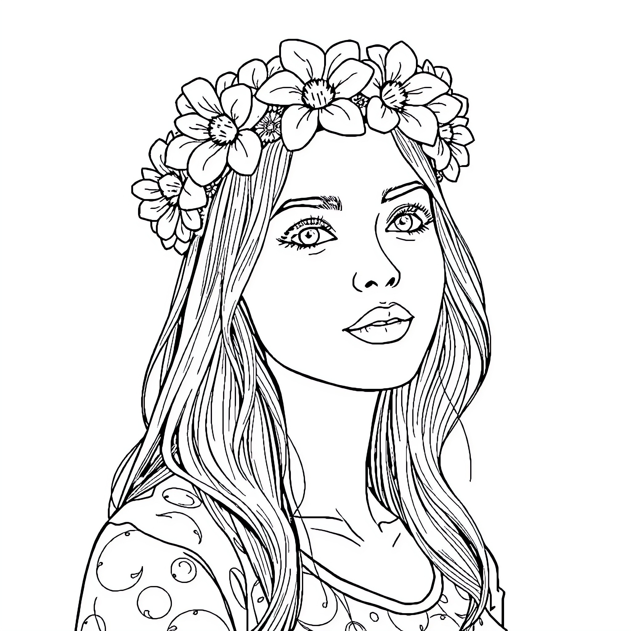 Woman with Flower Crown and Flowing Hair Coloring Page (free black-and-white line drawing printable PDF for all, from beginners to advanced learners, including children, teens, adults, and seniors)