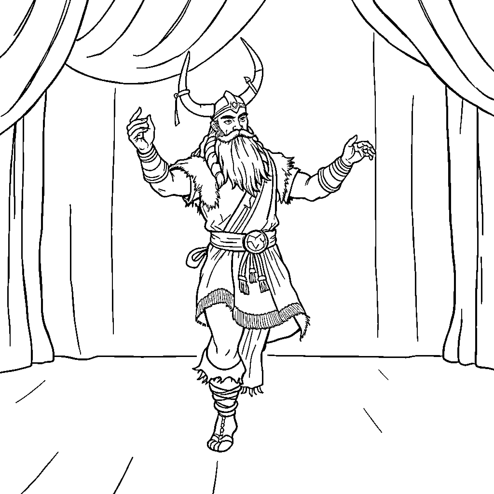 Viking warrior performing on stage Coloring Page (free black-and-white line drawing printable PDF for all, from beginners to advanced learners, including children, teens, adults, and seniors)