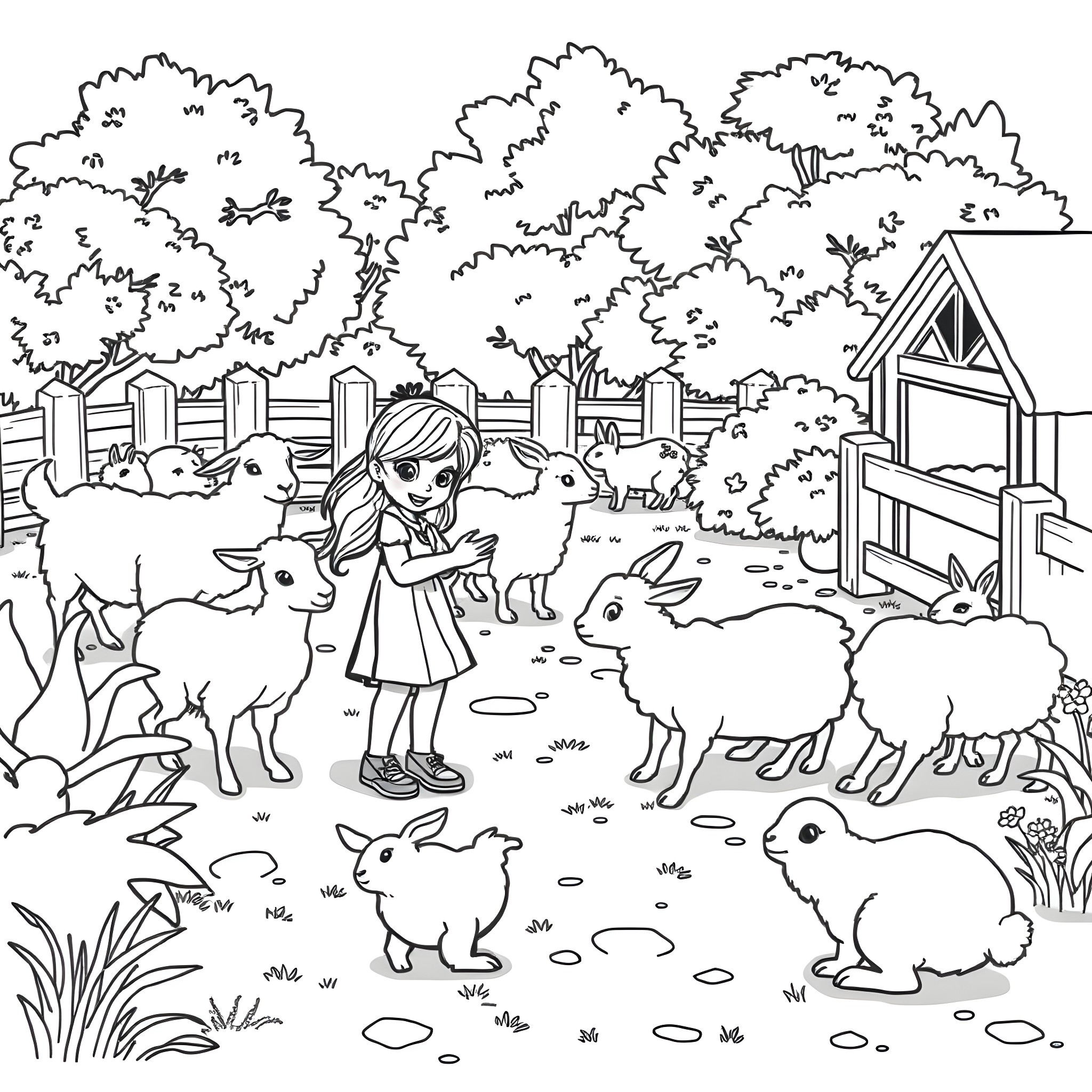 Zoo with Children and Rabbits in the Countryside Coloring Page (free black-and-white line drawing printable PDF for all, from beginners to advanced learners, including children, teens, adults, and seniors)