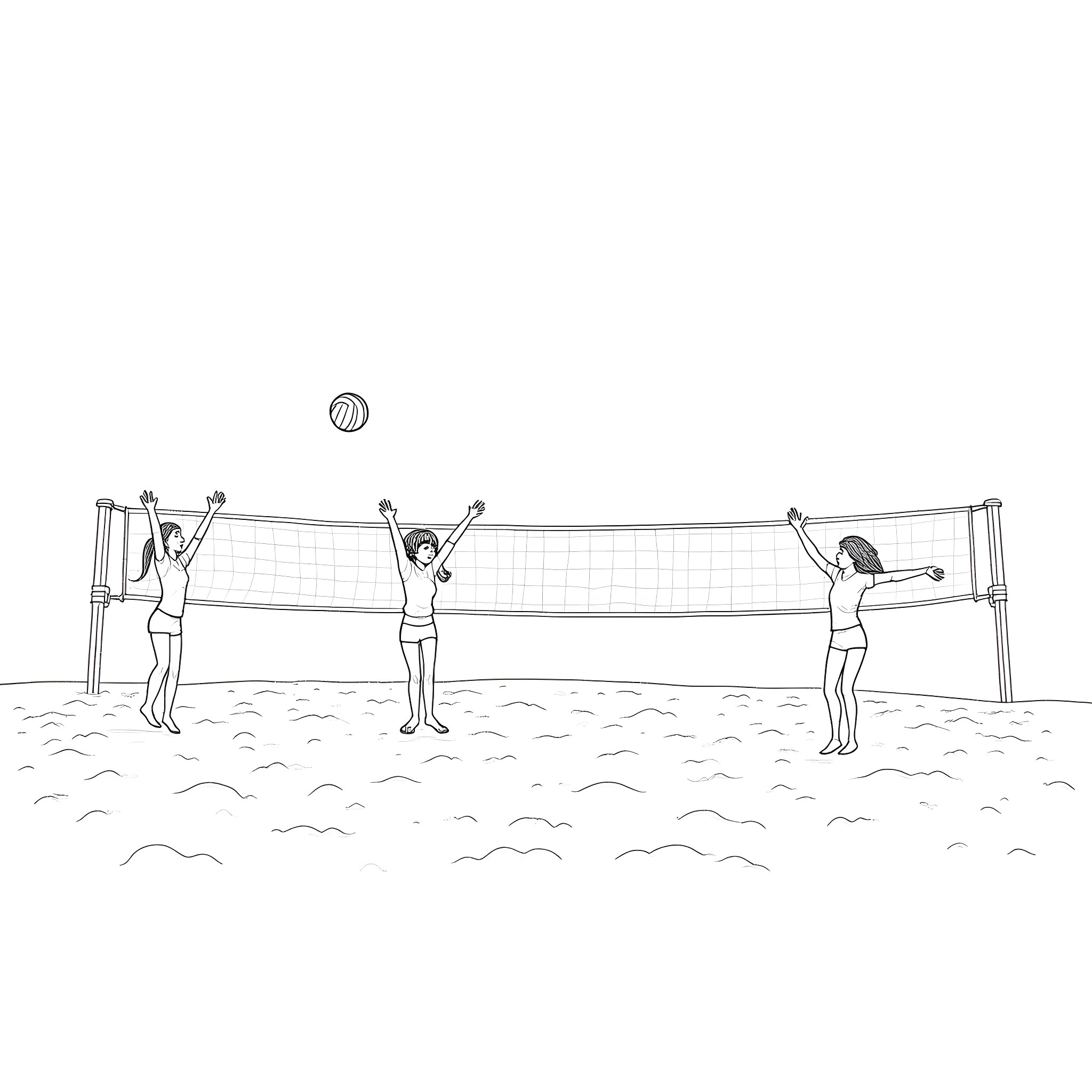 Girls playing volleyball on the beach Coloring Page (free black-and-white line drawing printable PDF for all, from beginners to advanced learners, including children, teens, adults, and seniors)