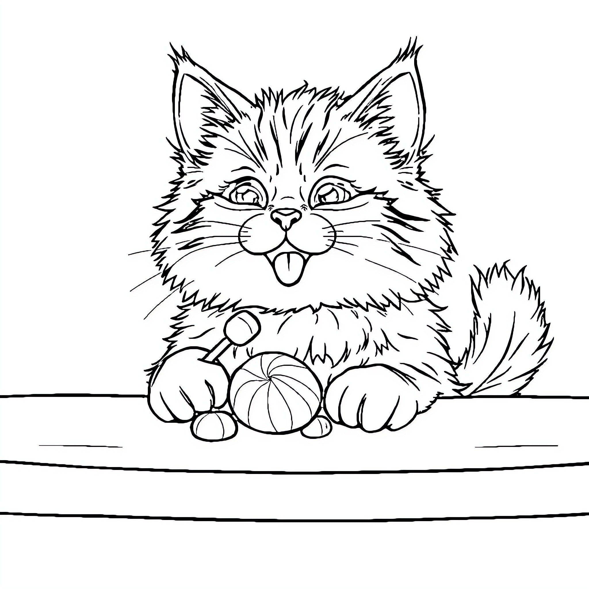 Cat playing with toy ball on the floor Coloring Page (free black-and-white line drawing printable PDF for all, from beginners to advanced learners, including children, teens, adults, and seniors)