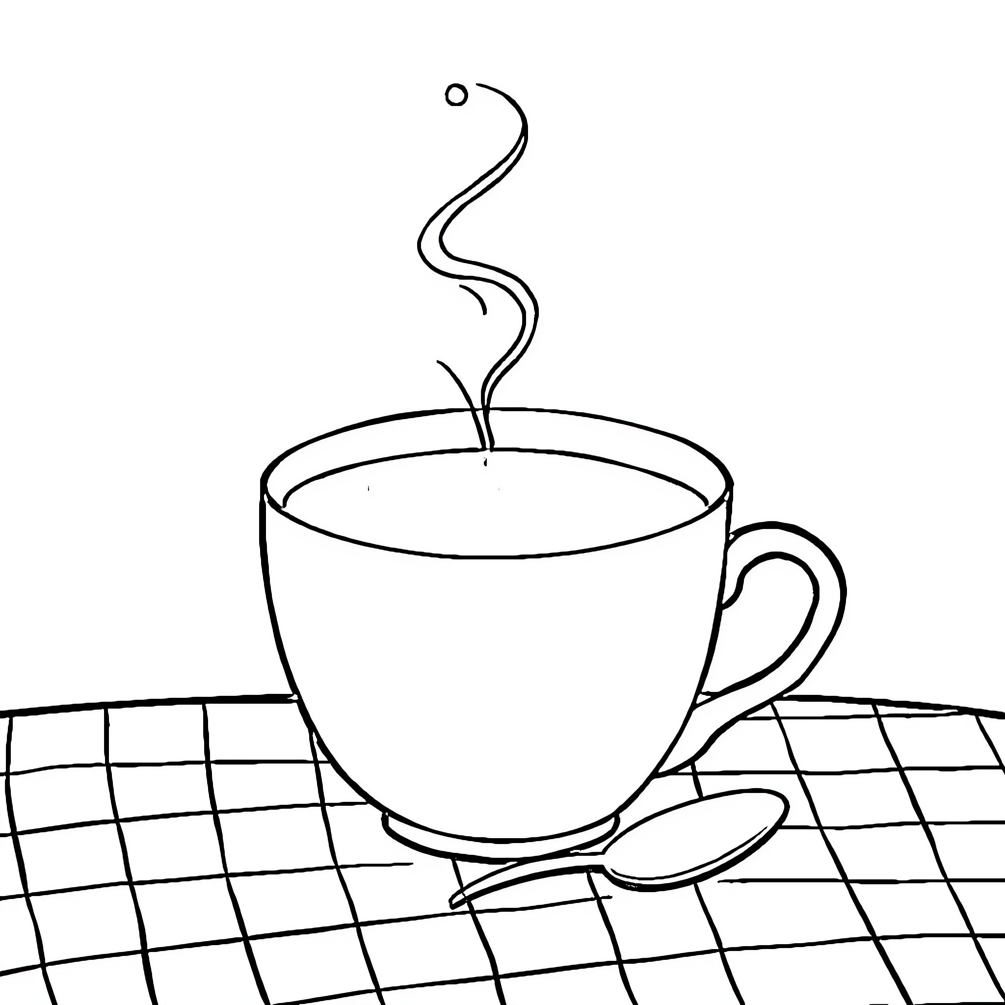 Coffee Moment with Steaming Cup Coloring Page (free black-and-white line drawing printable PDF for all, from beginners to advanced learners, including children, teens, adults, and seniors)