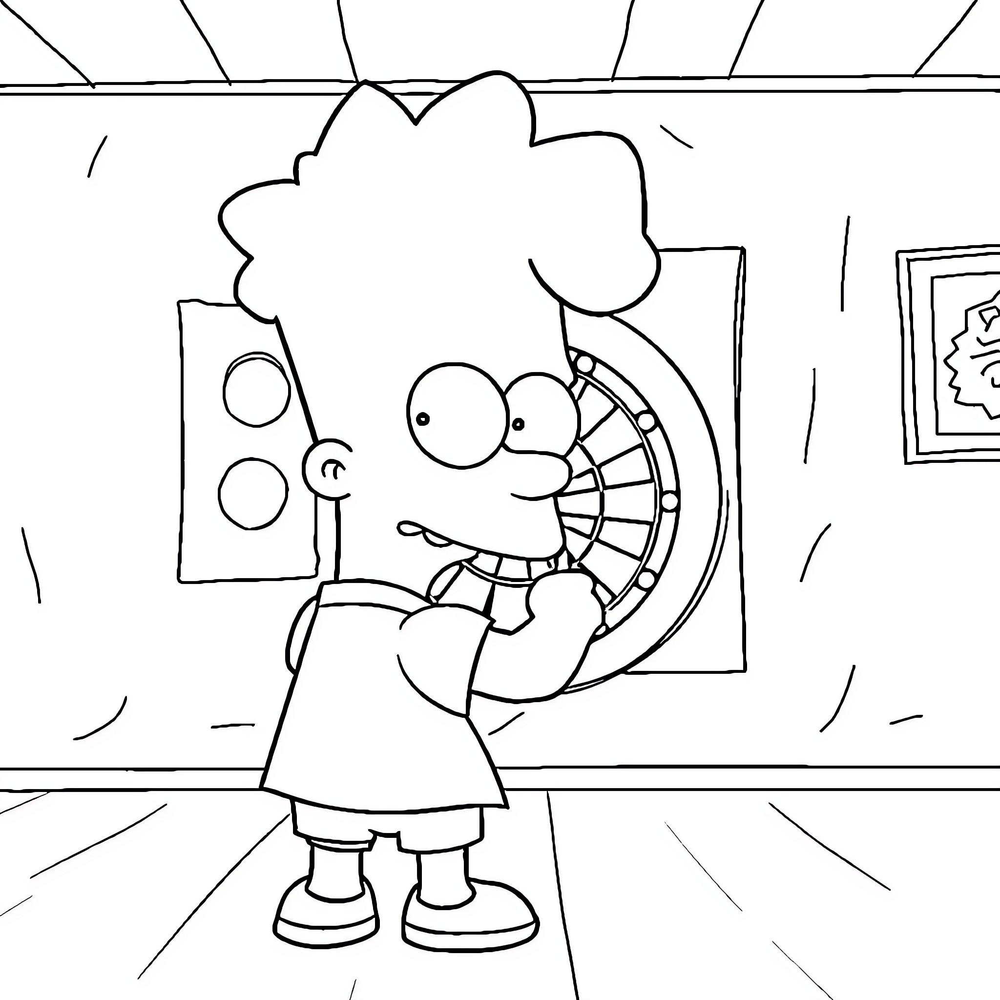 Bart Simpson looks surprised in room Coloring Page (free black-and-white line drawing printable PDF for all, from beginners to advanced learners, including children, teens, adults, and seniors)