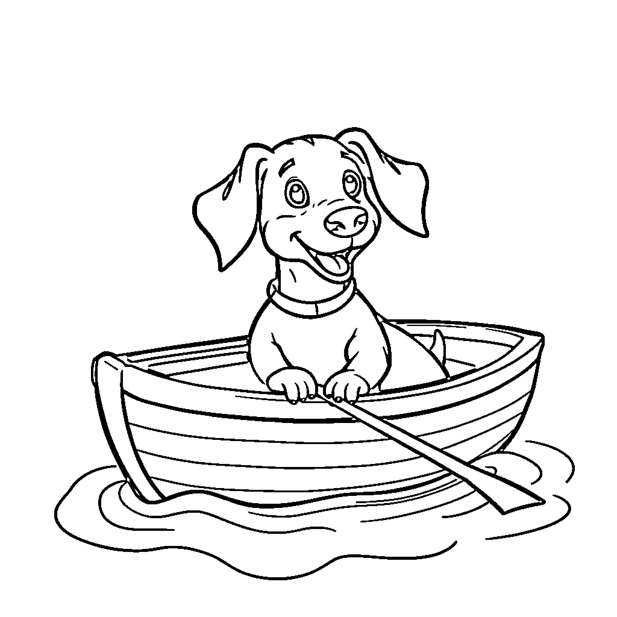 Sausage Dog rowing a boat Coloring Page (free black-and-white line drawing printable PDF for all, from beginners to advanced learners, including children, teens, adults, and seniors)
