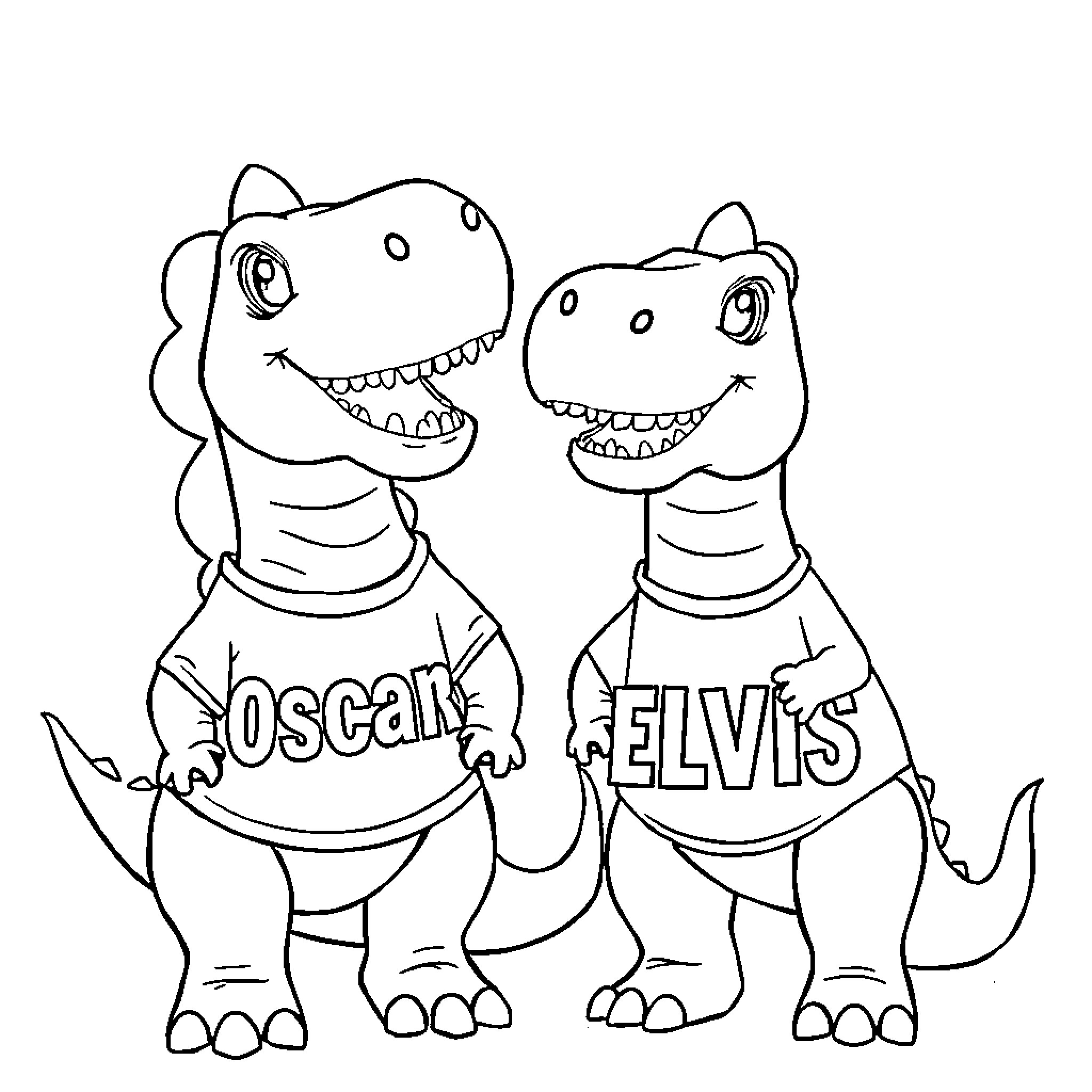 Dinosaurs wearing T-shirts with names Coloring Page (free black-and-white line drawing printable PDF for all, from beginners to advanced learners, including children, teens, adults, and seniors)