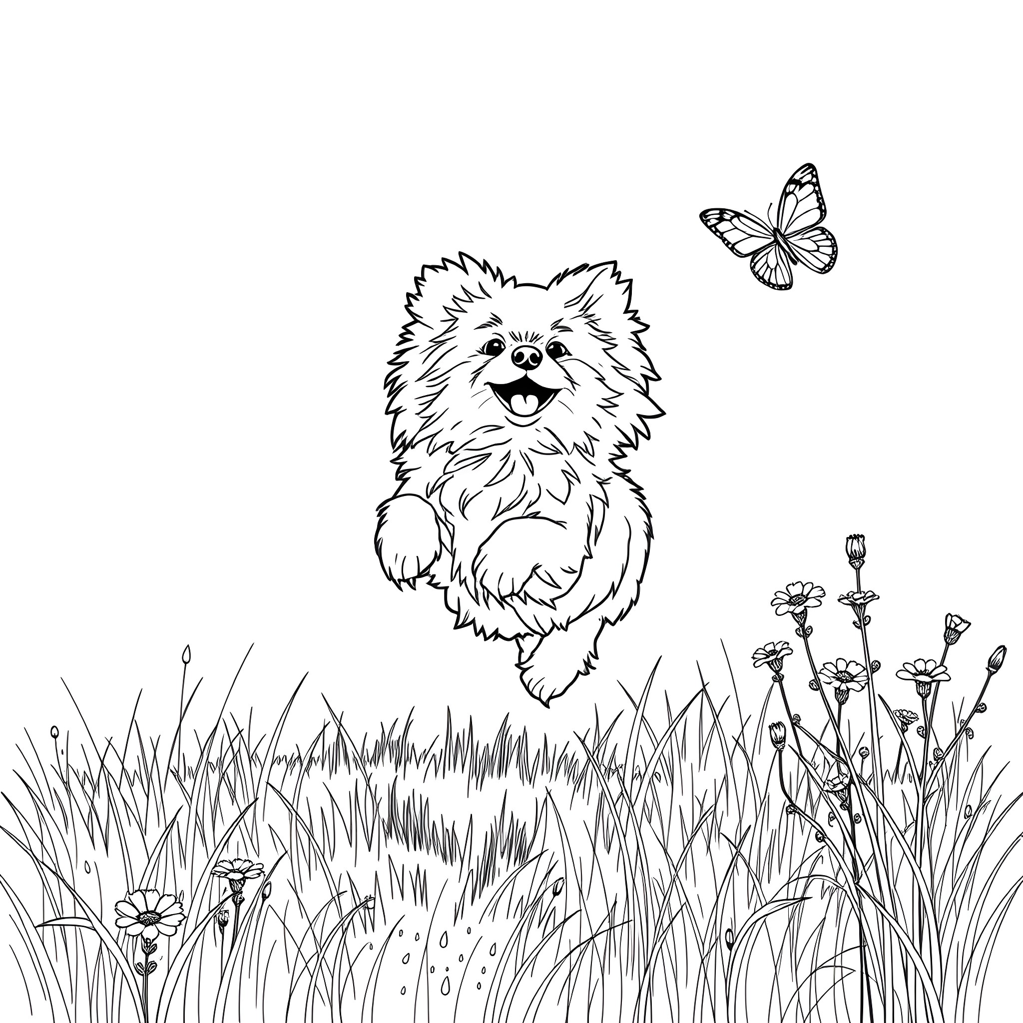 Pekinese chasing after a butterfly in the meadow Coloring Page (free black-and-white line drawing printable PDF for all, from beginners to advanced learners, including children, teens, adults, and seniors)