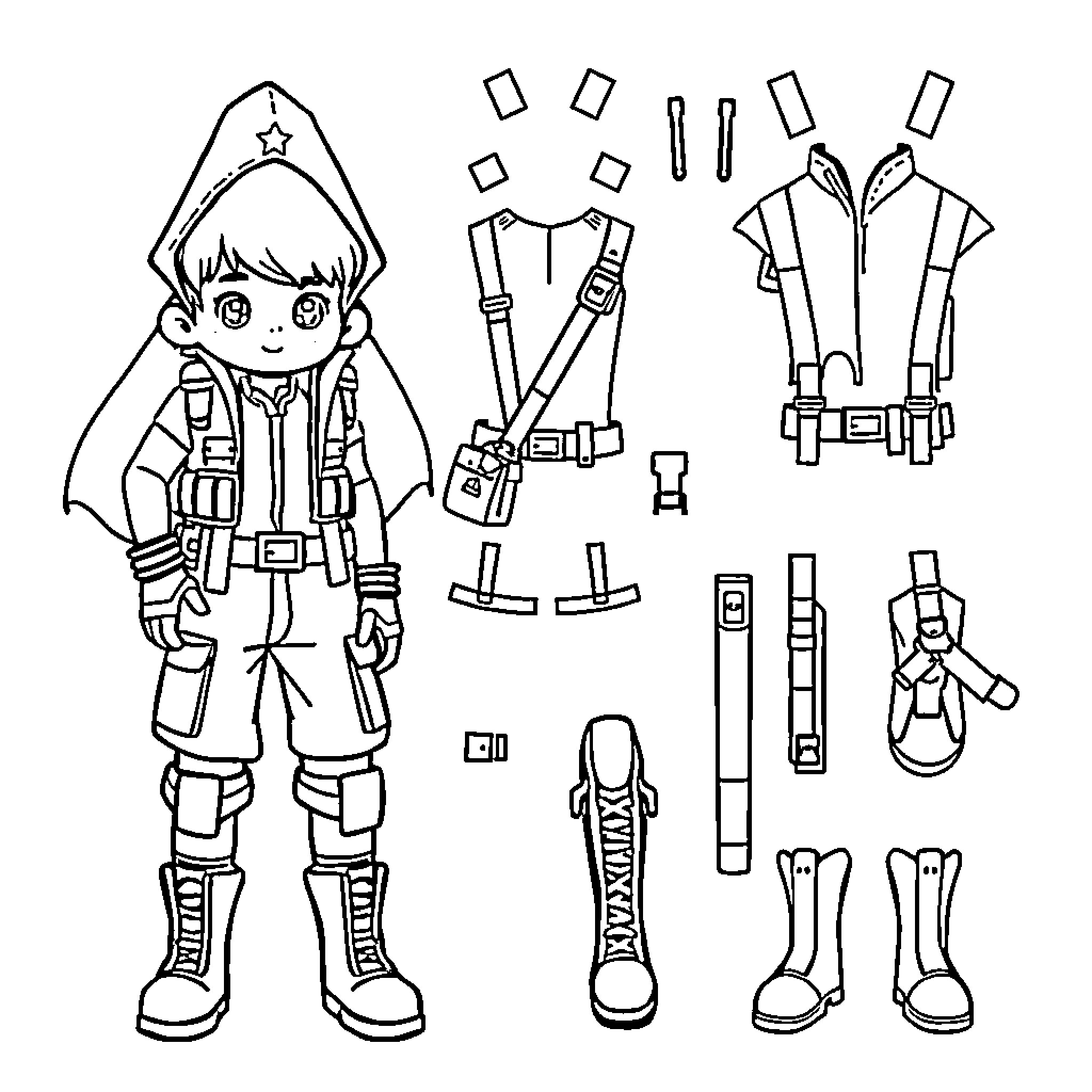 Character in Unique Adventurer Outfit Coloring Page (free black-and-white line drawing printable PDF for all, from beginners to advanced learners, including children, teens, adults, and seniors)