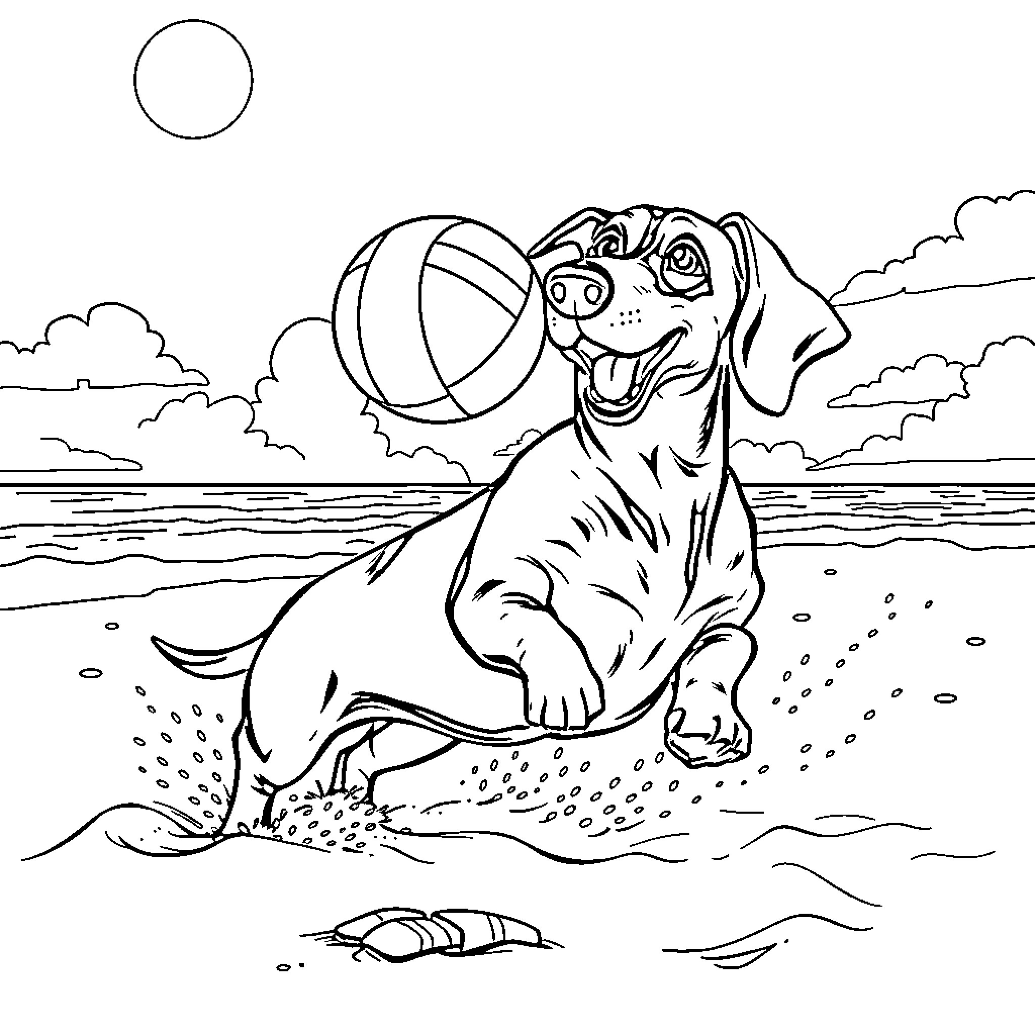 Dachshund happily playing with ball on the beach Coloring Page (free black-and-white line drawing printable PDF for all, from beginners to advanced learners, including children, teens, adults, and seniors)