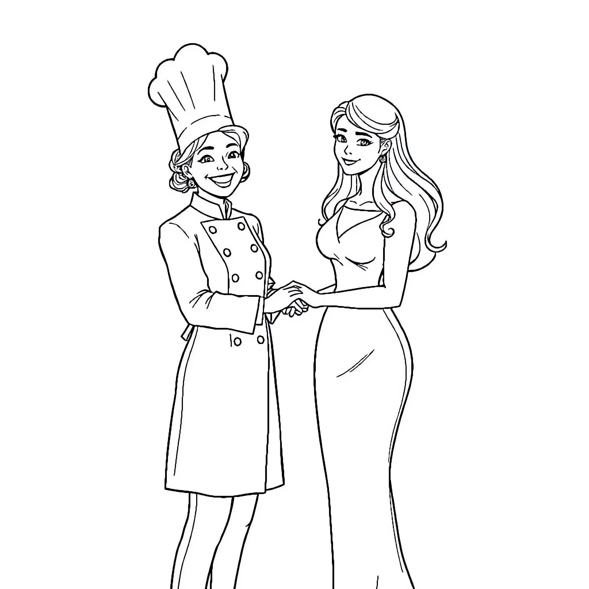 Chef welcomes guest in formal attire Coloring Page (free black-and-white line drawing printable PDF for all, from beginners to advanced learners, including children, teens, adults, and seniors)