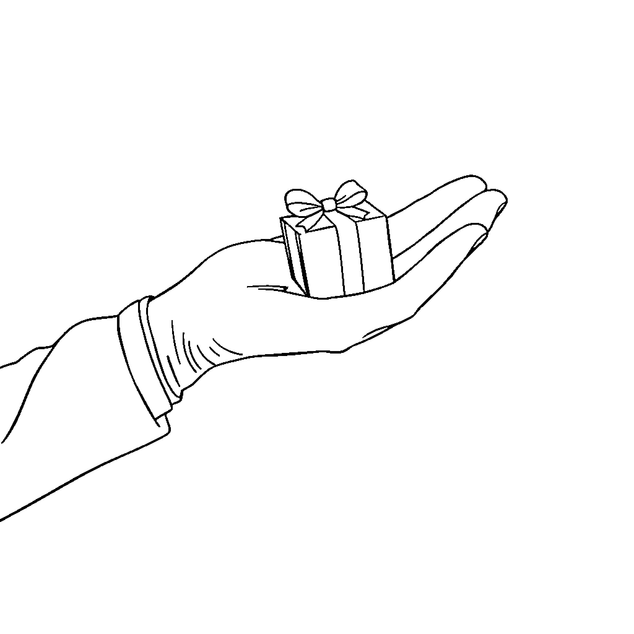 Gift Box Presented in Outstretched Hand Coloring Page (free black-and-white line drawing printable PDF for all, from beginners to advanced learners, including children, teens, adults, and seniors)