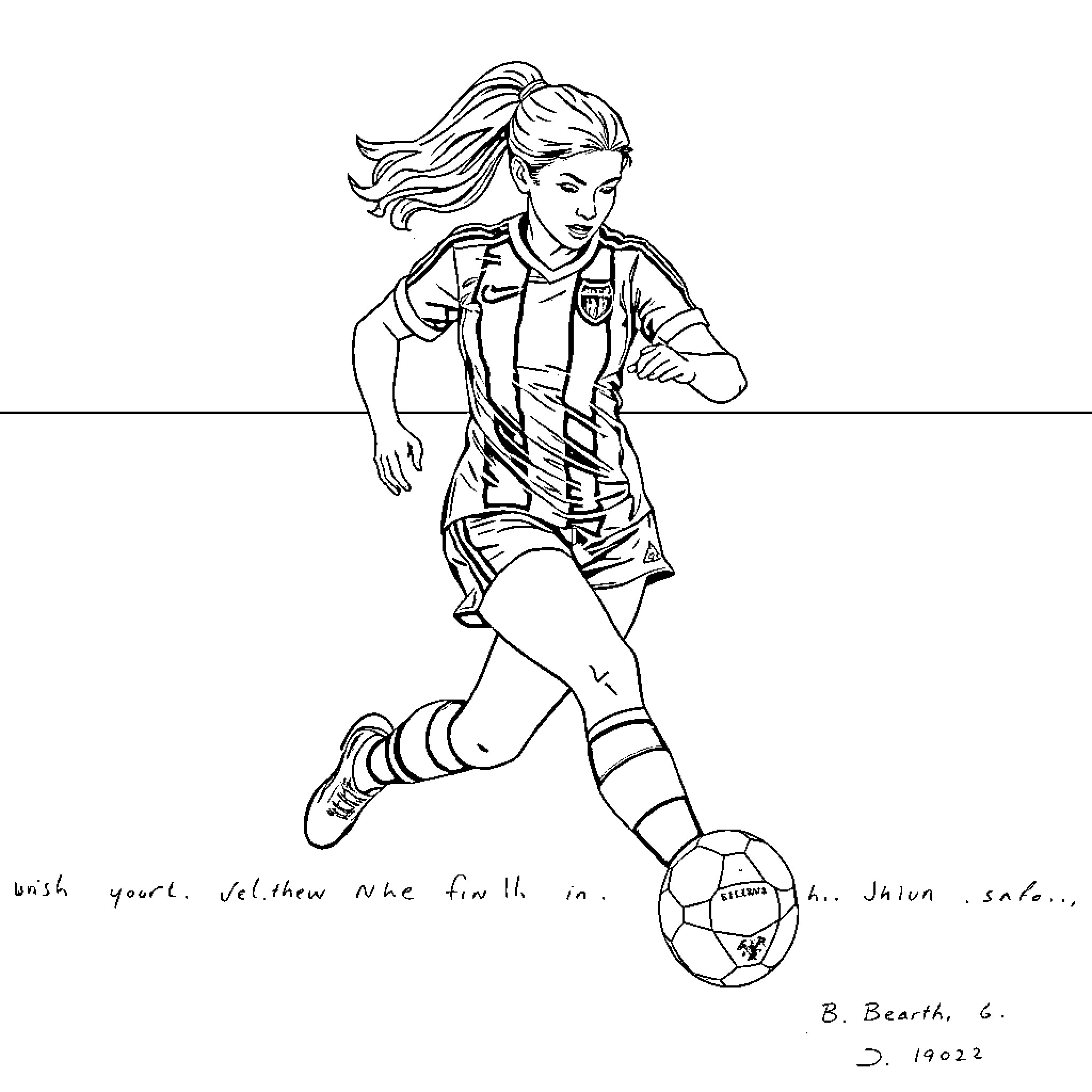 Joueuse de Football dribbling the ball Coloring Page (free black-and-white line drawing printable PDF for all, from beginners to advanced learners, including children, teens, adults, and seniors)