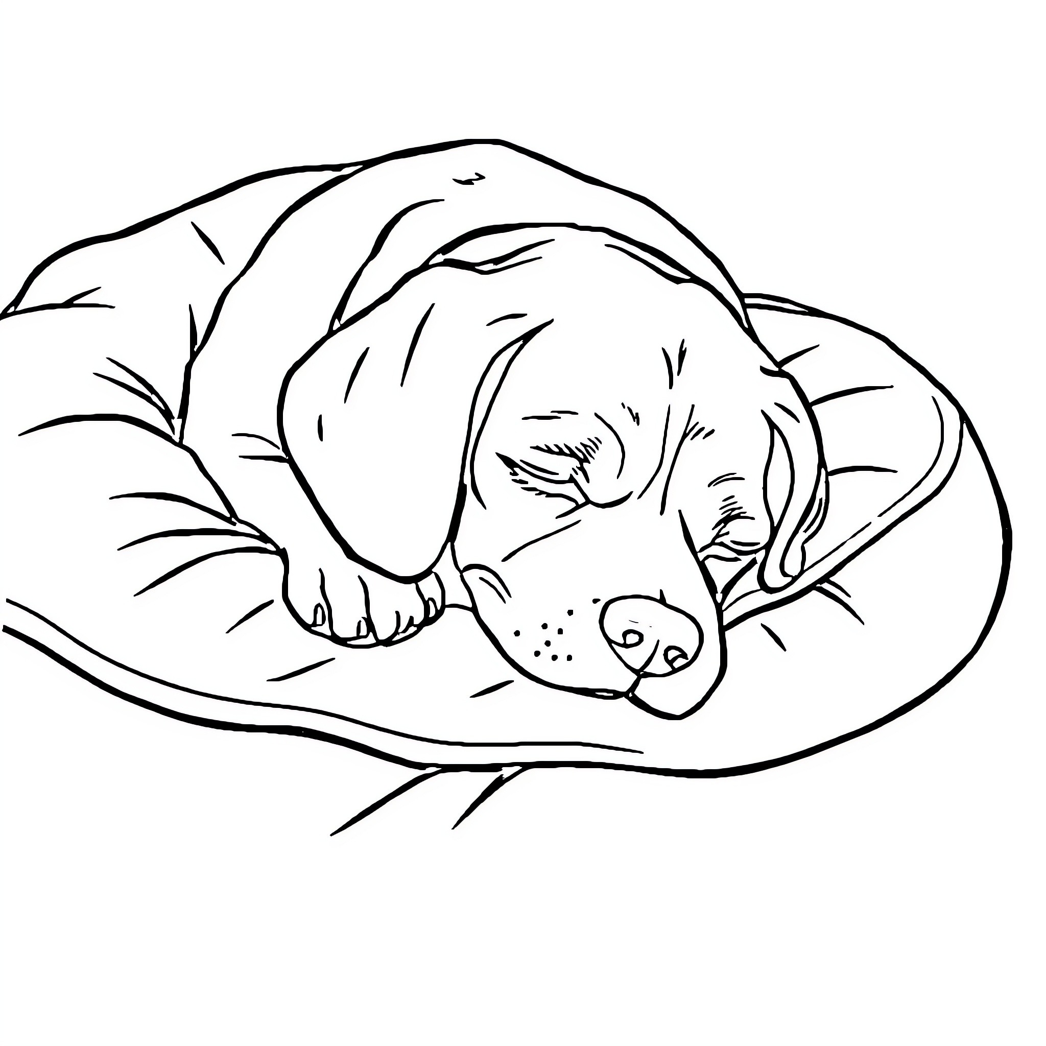Beagle peacefully napping on a cozy bed Coloring Page (free black-and-white line drawing printable PDF for all, from beginners to advanced learners, including children, teens, adults, and seniors)