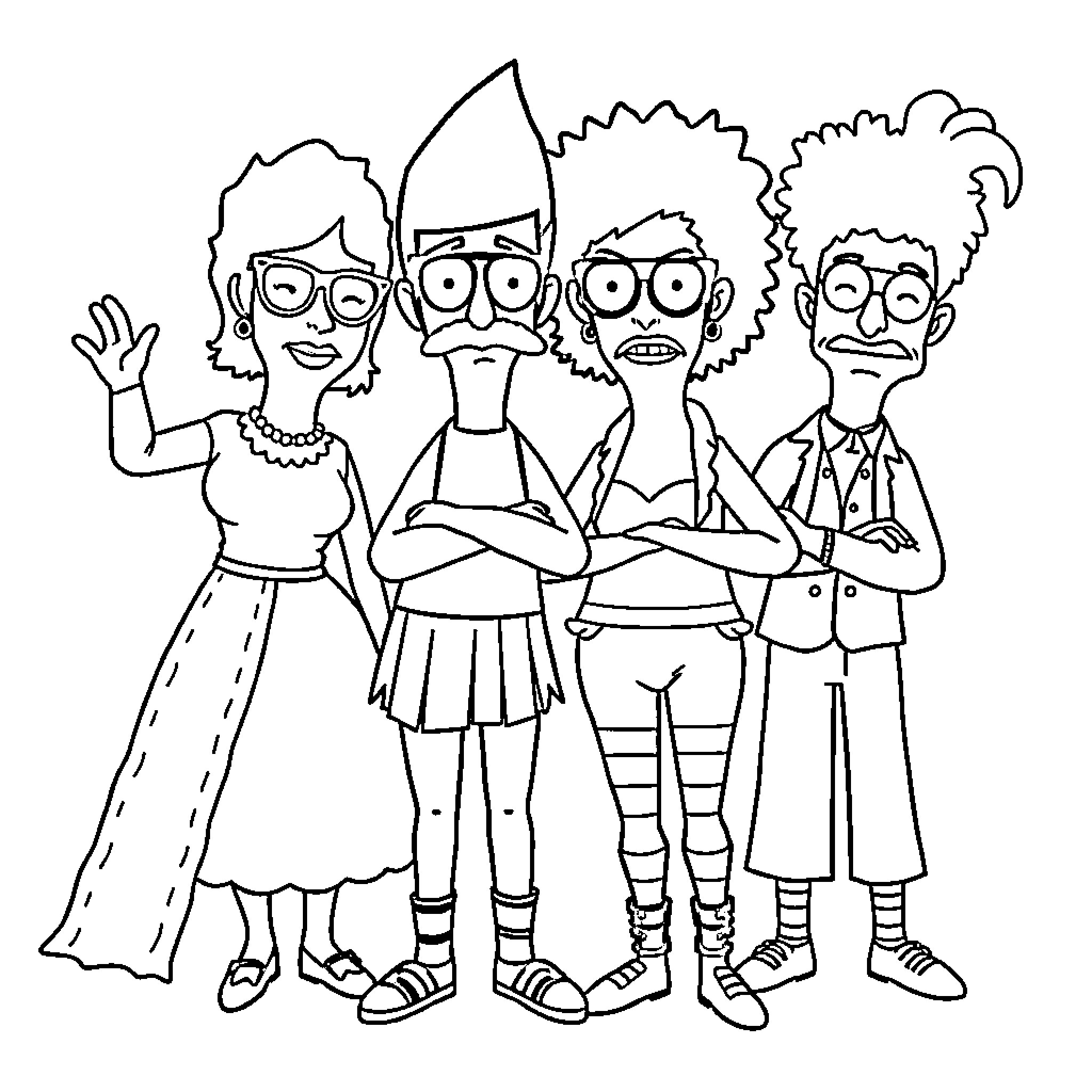 Bob's Burgers Family Gathering with Silly Expressions Coloring Page (free black-and-white line drawing printable PDF for all, from beginners to advanced learners, including children, teens, adults, and seniors)