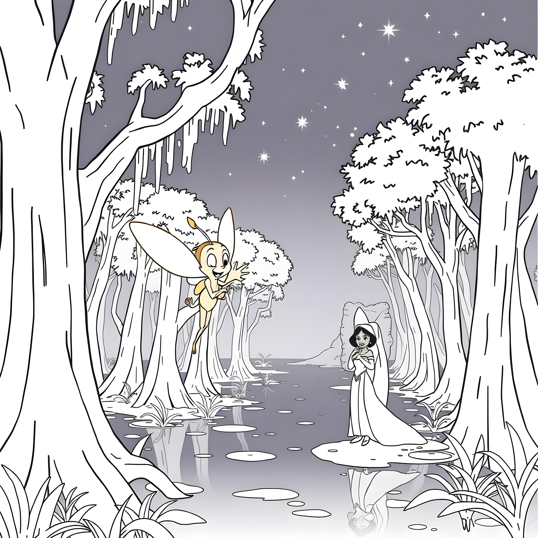 Ray's Wintry Woodland Wonderland Coloring Page (free black-and-white line drawing printable PDF for all, from beginners to advanced learners, including children, teens, adults, and seniors)