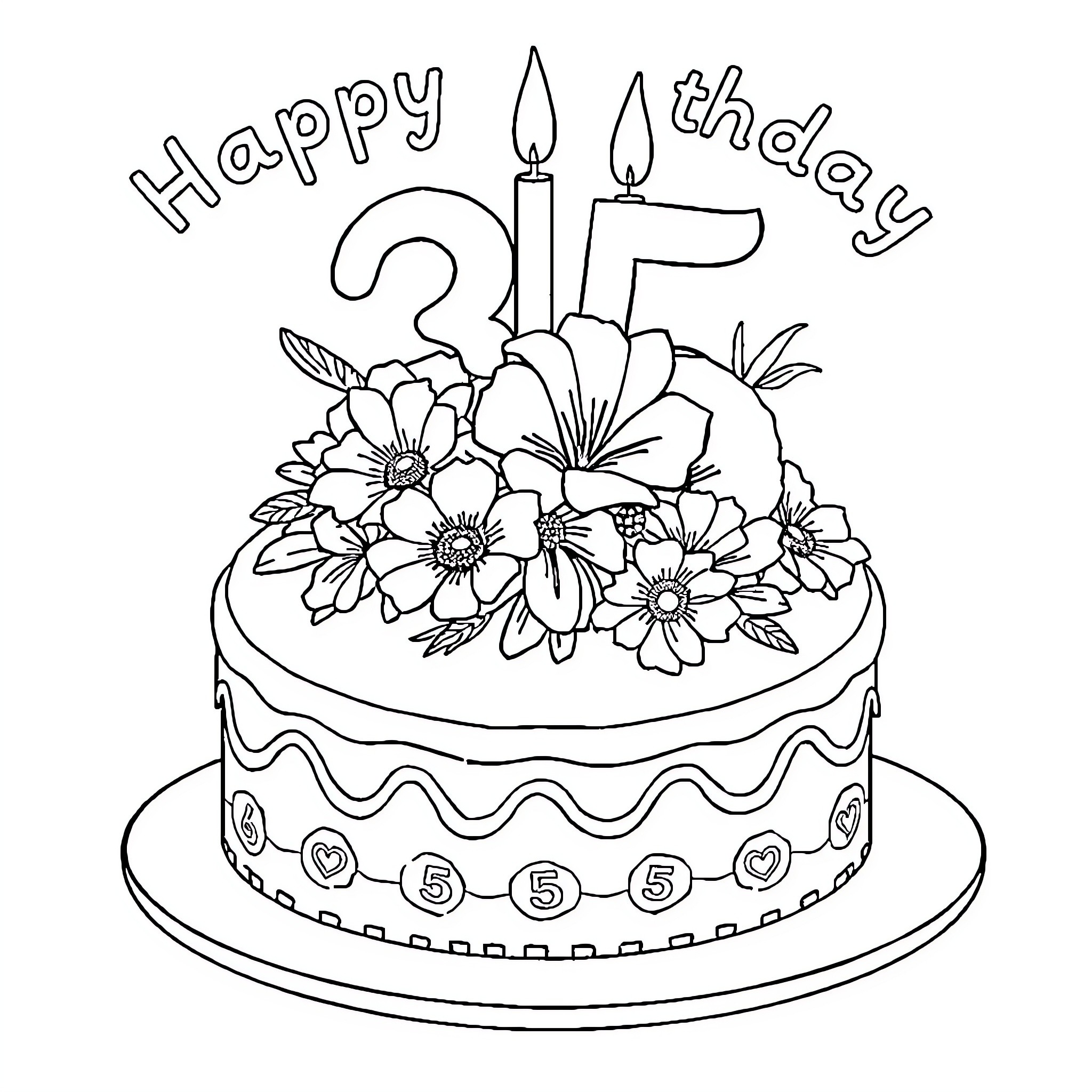 Cake with flowers and birthday candle Coloring Page (free black-and-white line drawing printable PDF for all, from beginners to advanced learners, including children, teens, adults, and seniors)