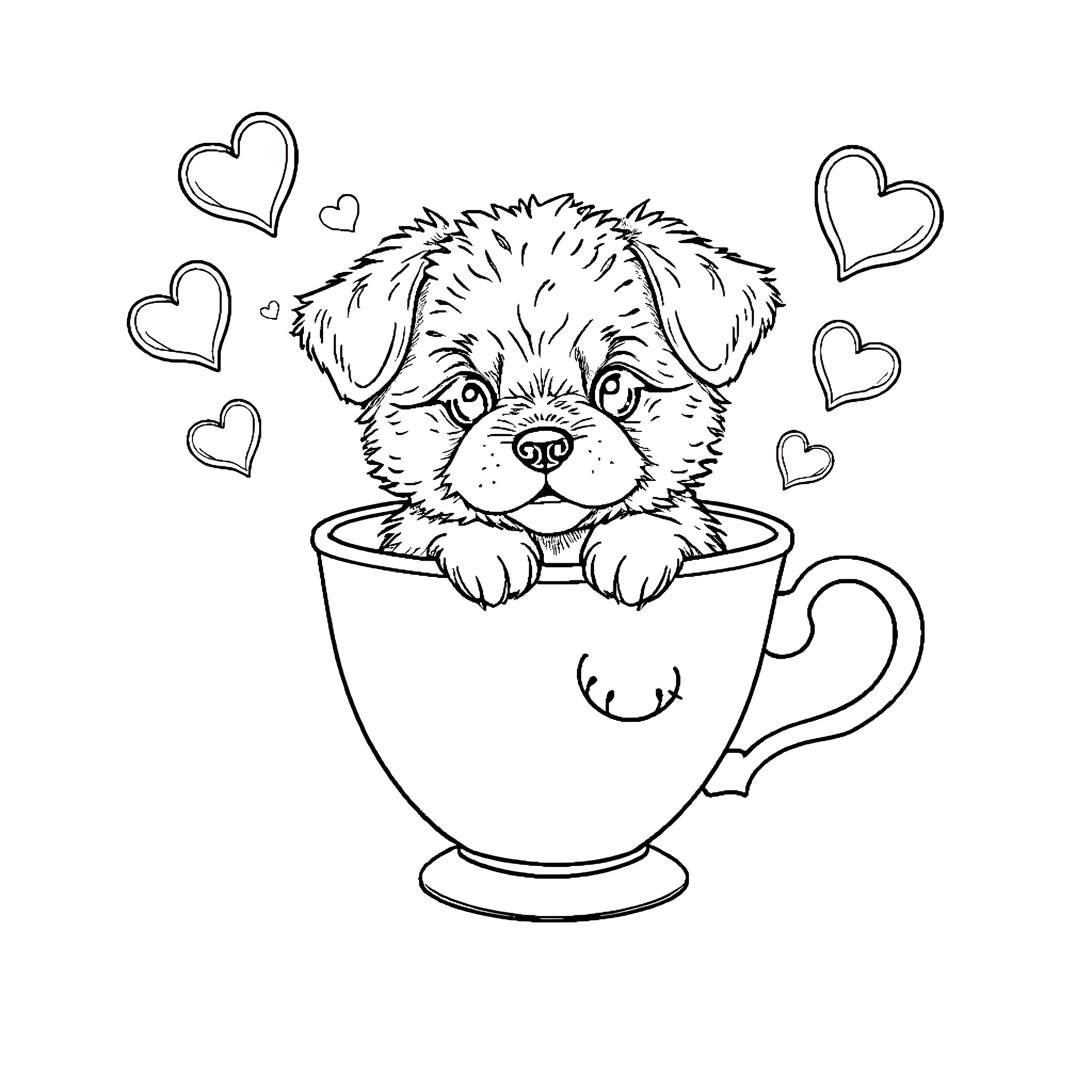 Puppy peeking out from a cozy cup Coloring Page (free black-and-white line drawing printable PDF for all, from beginners to advanced learners, including children, teens, adults, and seniors)