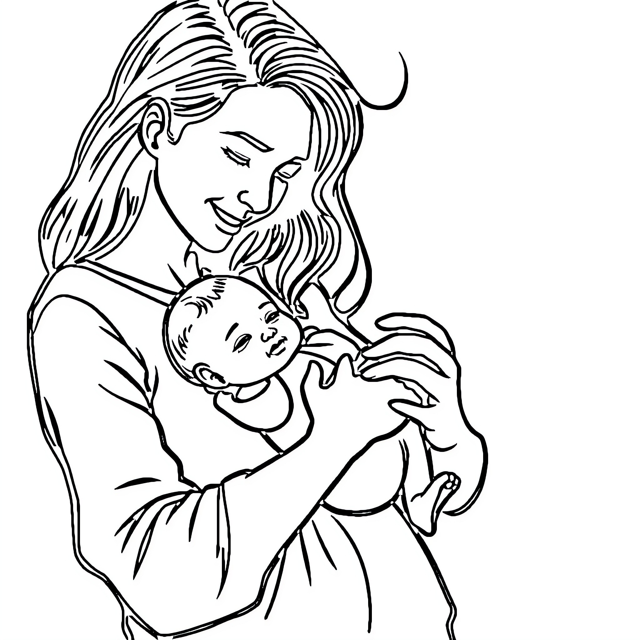Mom tenderly holding and comforting baby Coloring Page (free black-and-white line drawing printable PDF for all, from beginners to advanced learners, including children, teens, adults, and seniors)