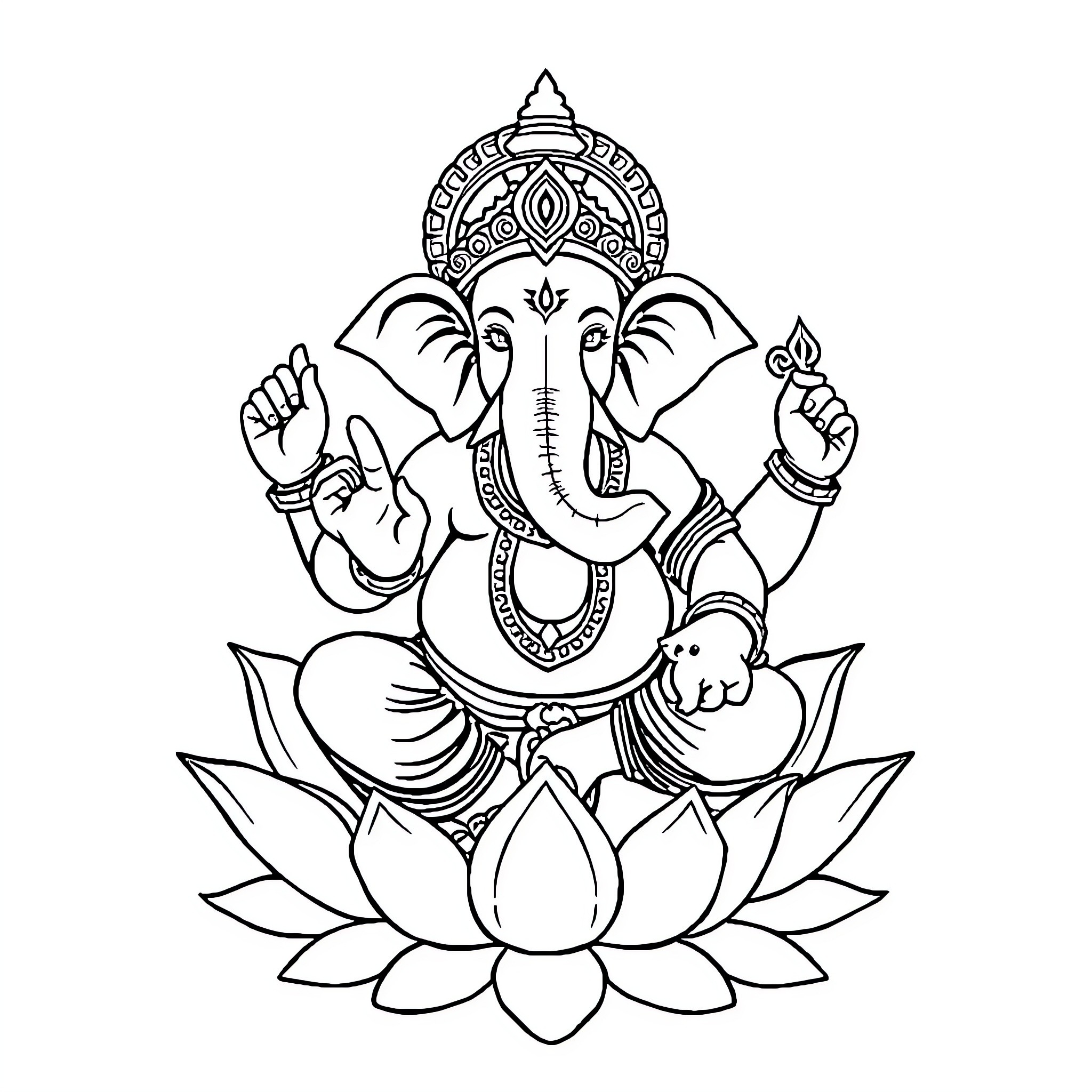 Ganesha sitting on lotus, with trunk raised in blessing Coloring Page (free black-and-white line drawing printable PDF for all, from beginners to advanced learners, including children, teens, adults, and seniors)