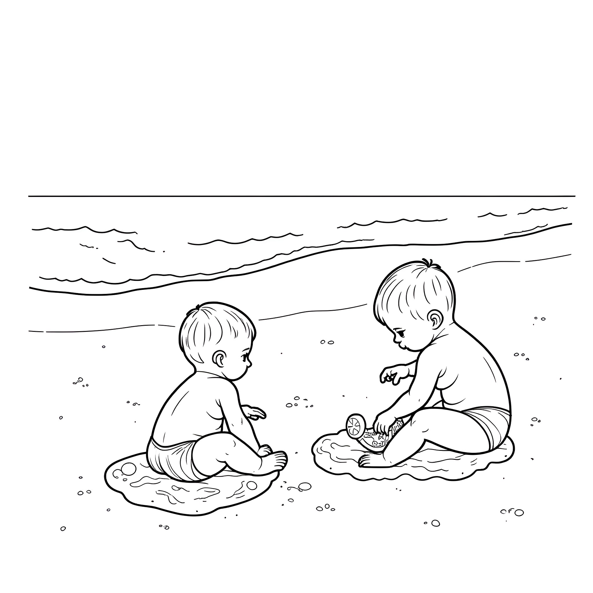 Baby siblings playing together on the beach Coloring Page (free black-and-white line drawing printable PDF for all, from beginners to advanced learners, including children, teens, adults, and seniors)
