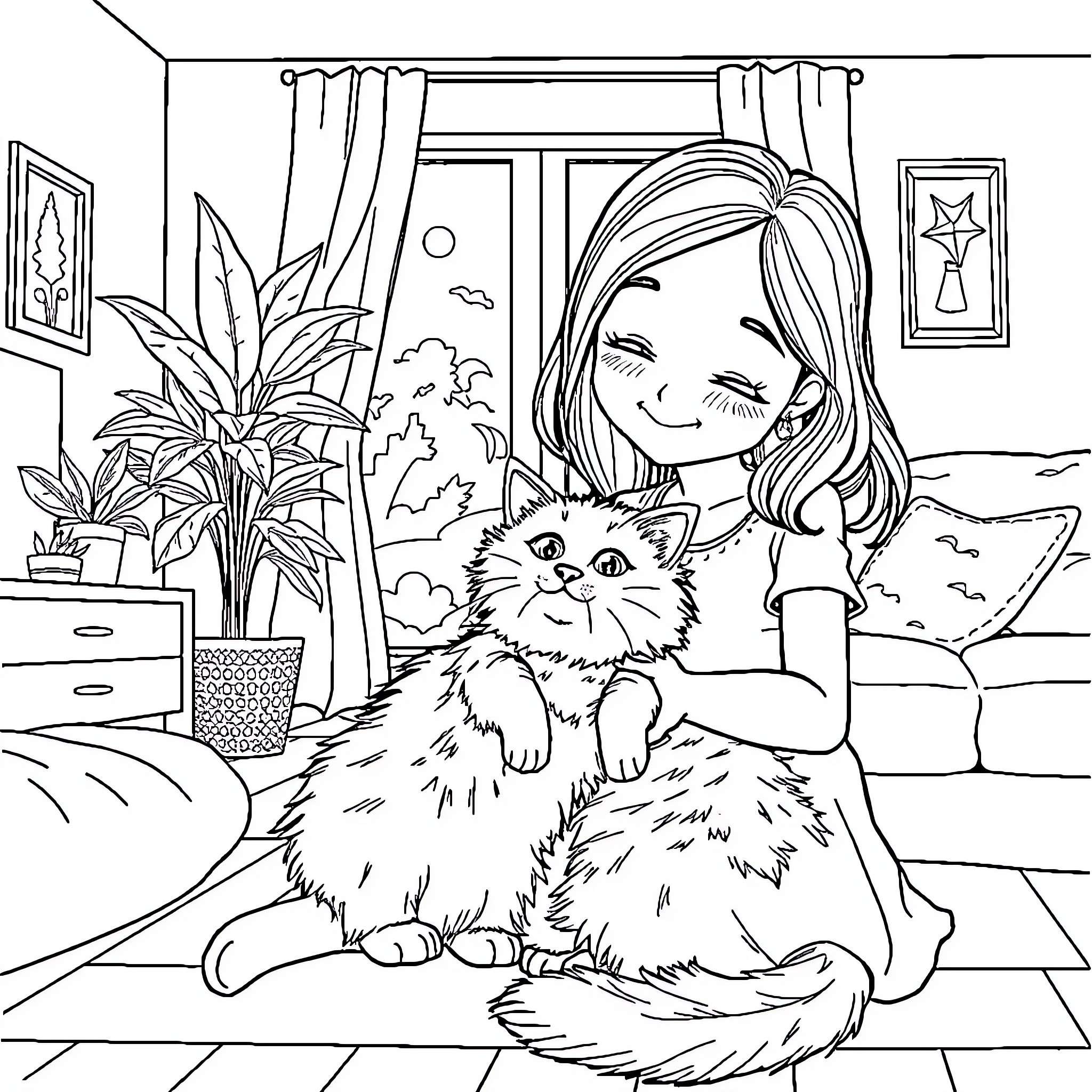Cat and girl in cozy home setting Coloring Page (free black-and-white line drawing printable PDF for all, from beginners to advanced learners, including children, teens, adults, and seniors)
