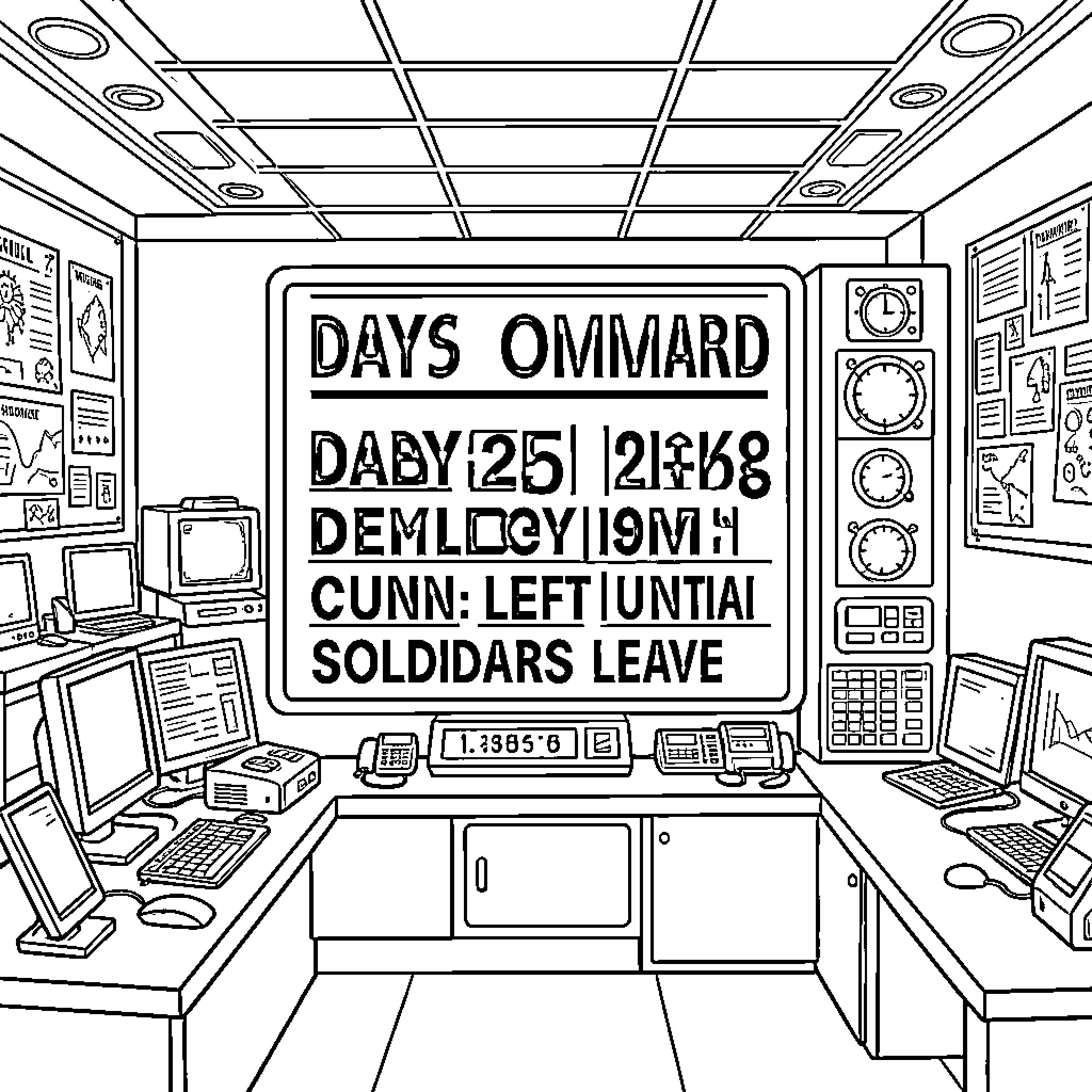 Military Control Room with Countdown Display Coloring Page (free black-and-white line drawing printable PDF for all, from beginners to advanced learners, including children, teens, adults, and seniors)