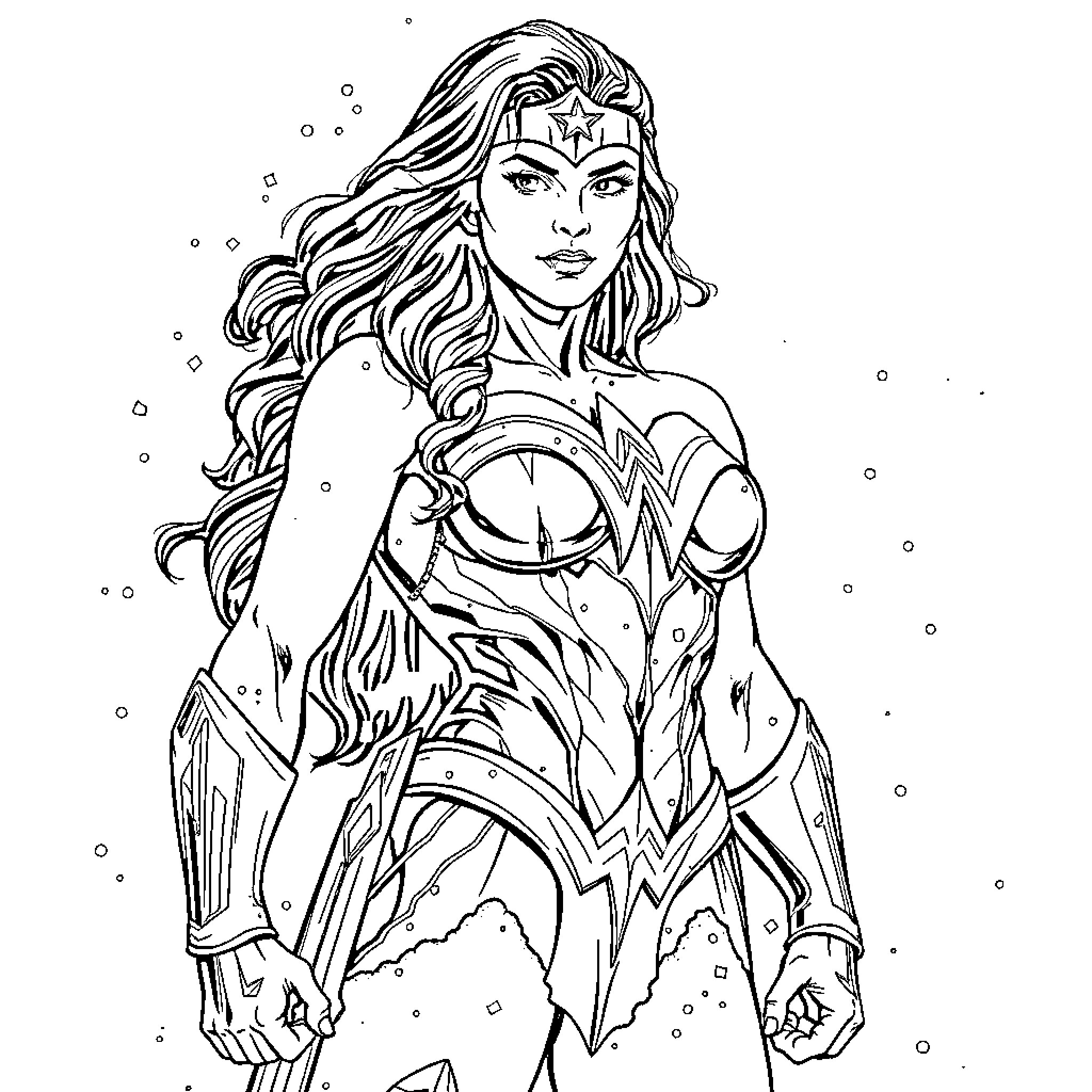 Wonder Woman in a fierce action pose Coloring Page (free black-and-white line drawing printable PDF for all, from beginners to advanced learners, including children, teens, adults, and seniors)