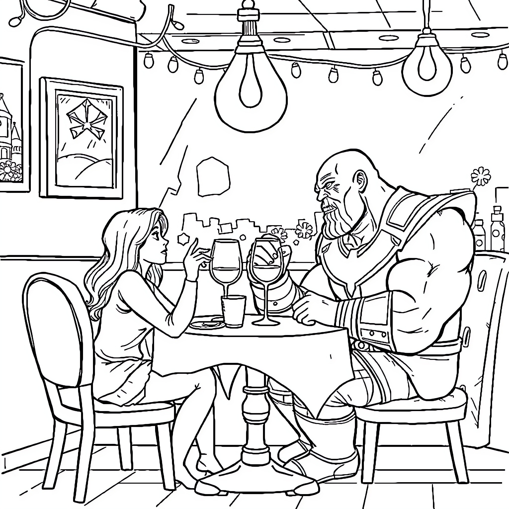 Thanos enjoying an intimate meal with companion Coloring Page (free black-and-white line drawing printable PDF for all, from beginners to advanced learners, including children, teens, adults, and seniors)