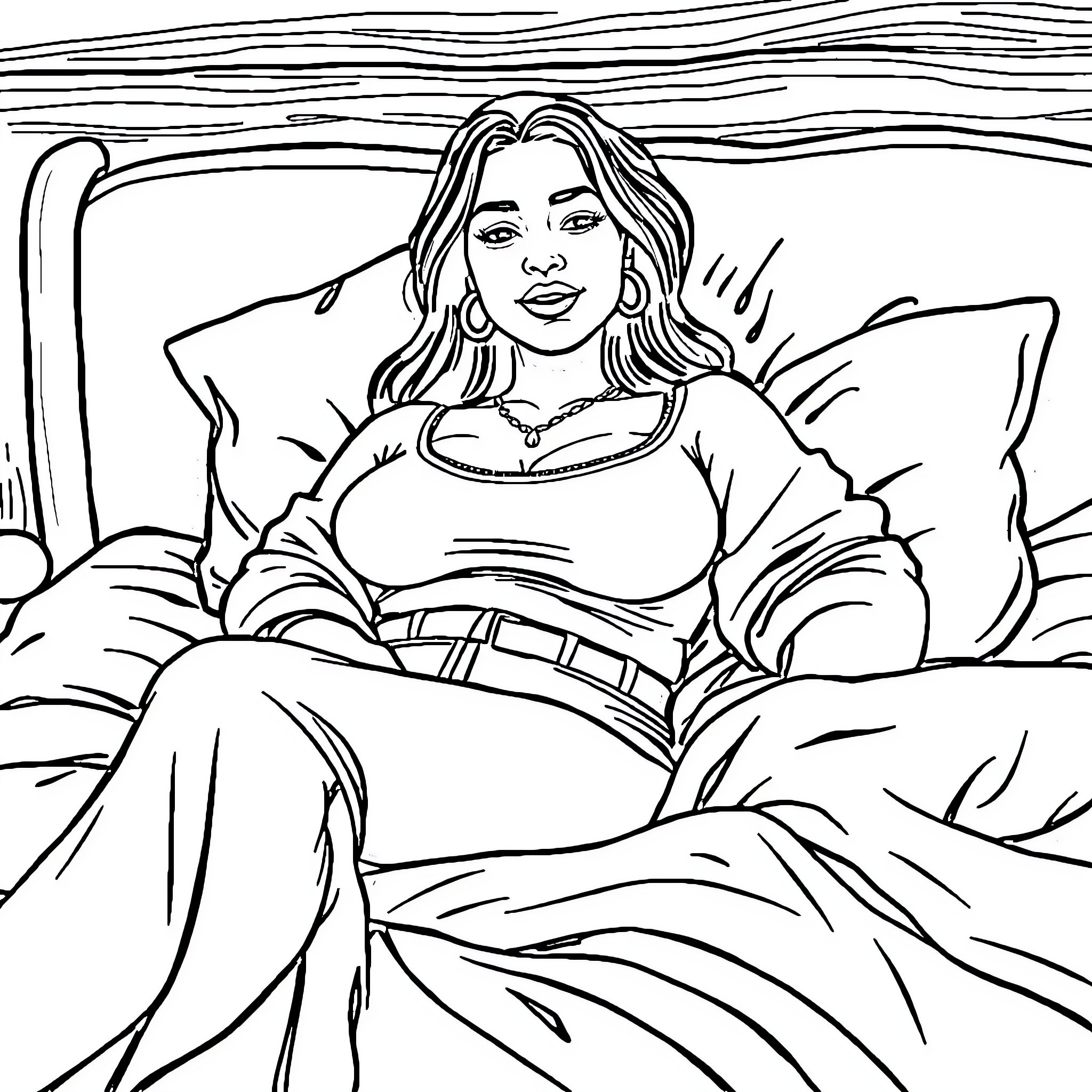 Latina relaxing comfortably on the couch Coloring Page (free black-and-white line drawing printable PDF for all, from beginners to advanced learners, including children, teens, adults, and seniors)