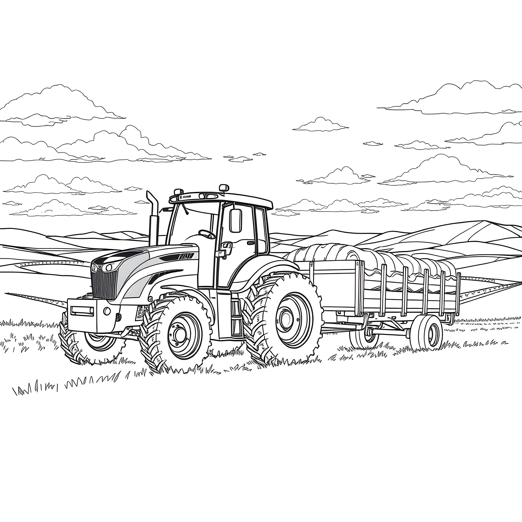 Tractor transporting agricultural equipment through rural landscape Coloring Page (free black-and-white line drawing printable PDF for all, from beginners to advanced learners, including children, teens, adults, and seniors)