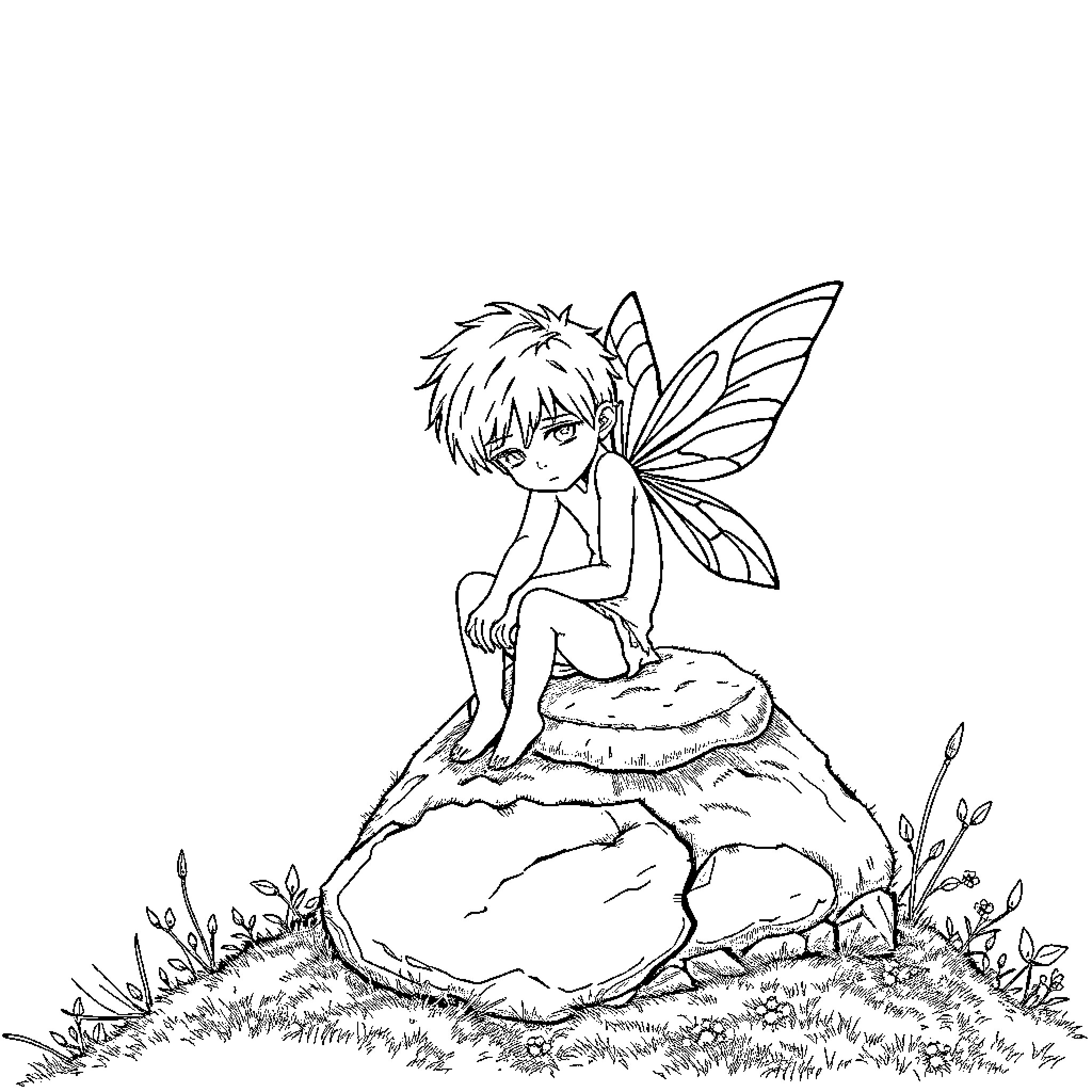 Fairy resting on a mossy rock in nature Coloring Page (free black-and-white line drawing printable PDF for all, from beginners to advanced learners, including children, teens, adults, and seniors)