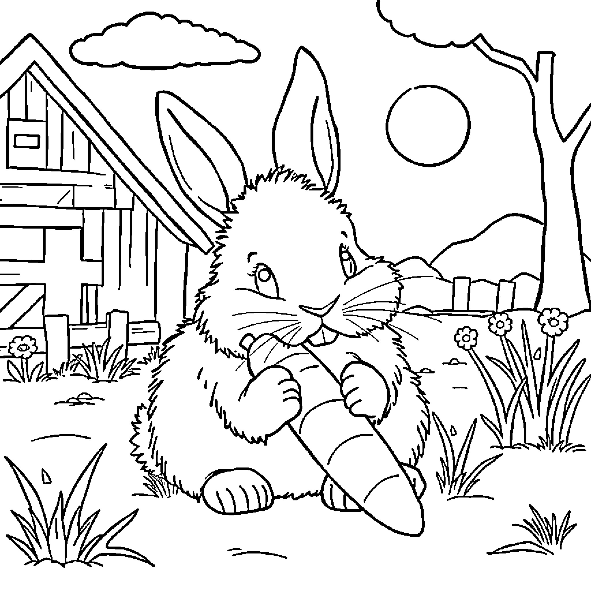 Bunny enjoying a peaceful day in the countryside Coloring Page (free black-and-white line drawing printable PDF for all, from beginners to advanced learners, including children, teens, adults, and seniors)