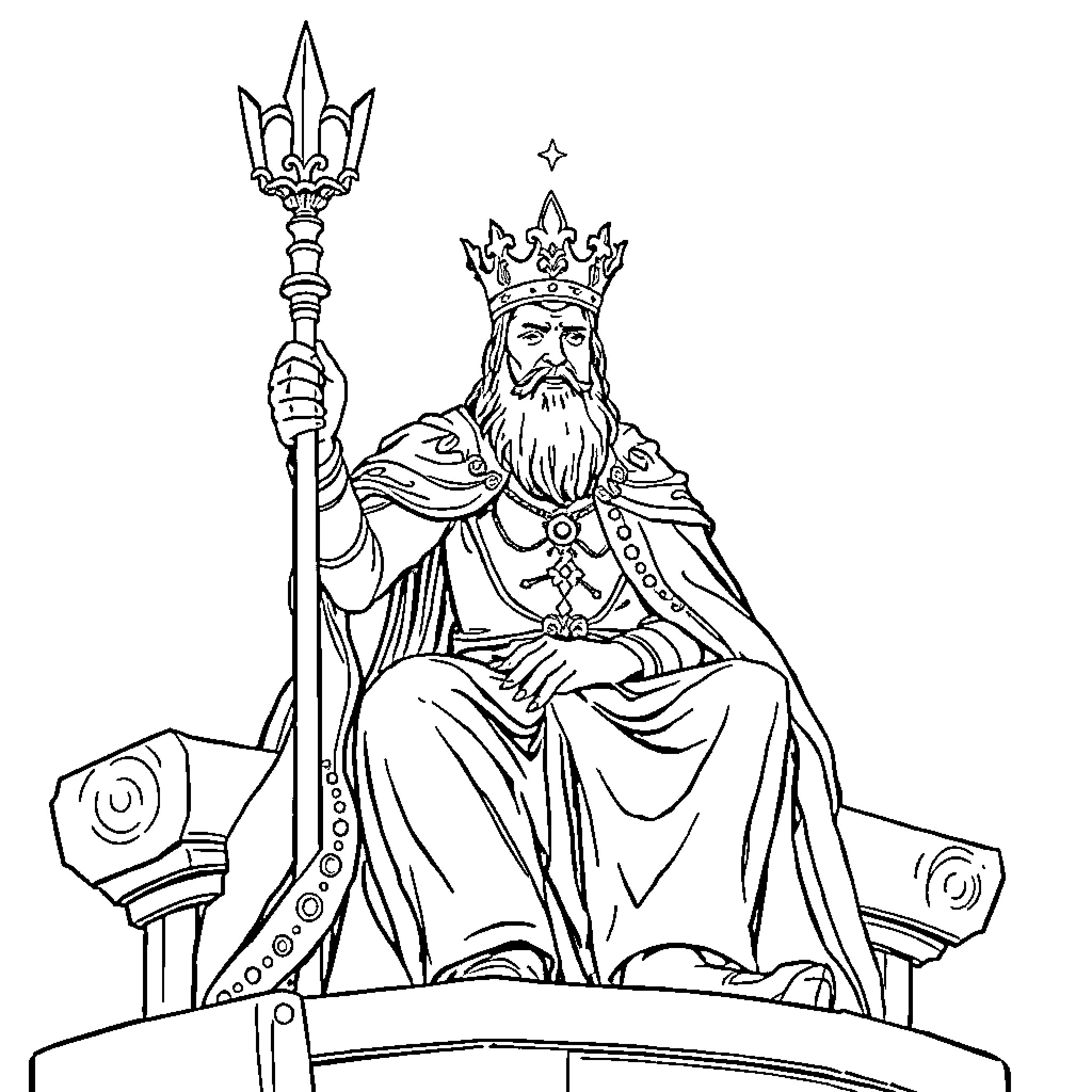 Evil King Sitting Regally on Throne with Scepter Coloring Page (free black-and-white line drawing printable PDF for all, from beginners to advanced learners, including children, teens, adults, and seniors)