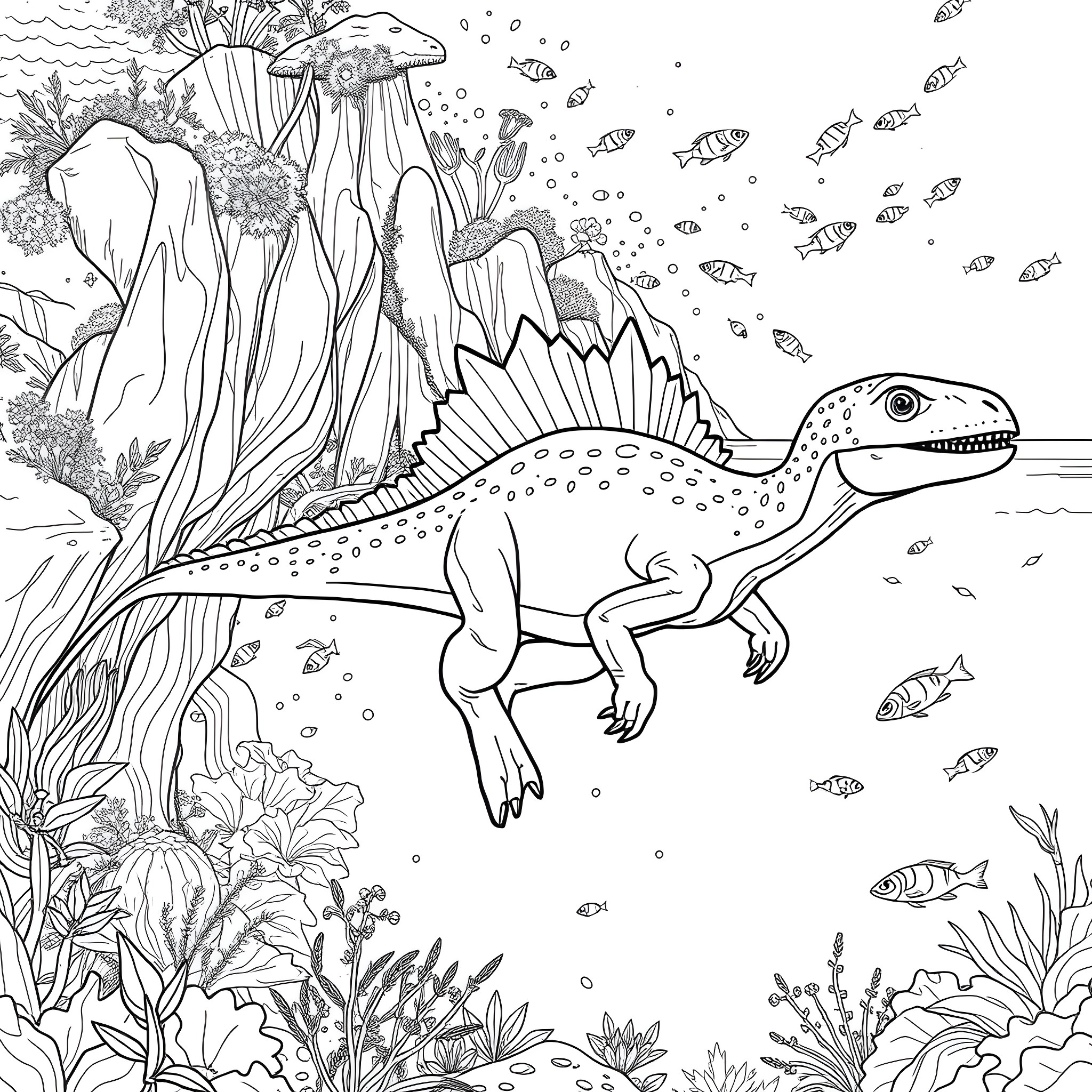 Wateranimal exploring the underwater world Coloring Page (free black-and-white line drawing printable PDF for all, from beginners to advanced learners, including children, teens, adults, and seniors)