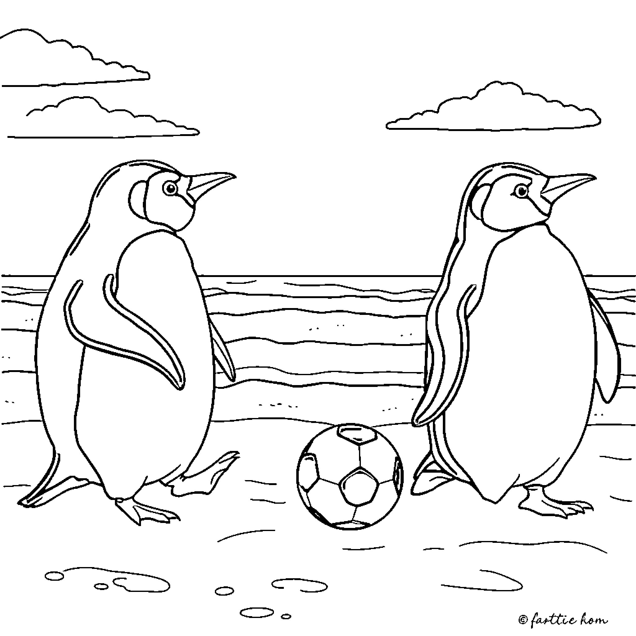 Pingüinos jugando con balón en la playa Coloring Page (free black-and-white line drawing printable PDF for all, from beginners to advanced learners, including children, teens, adults, and seniors)