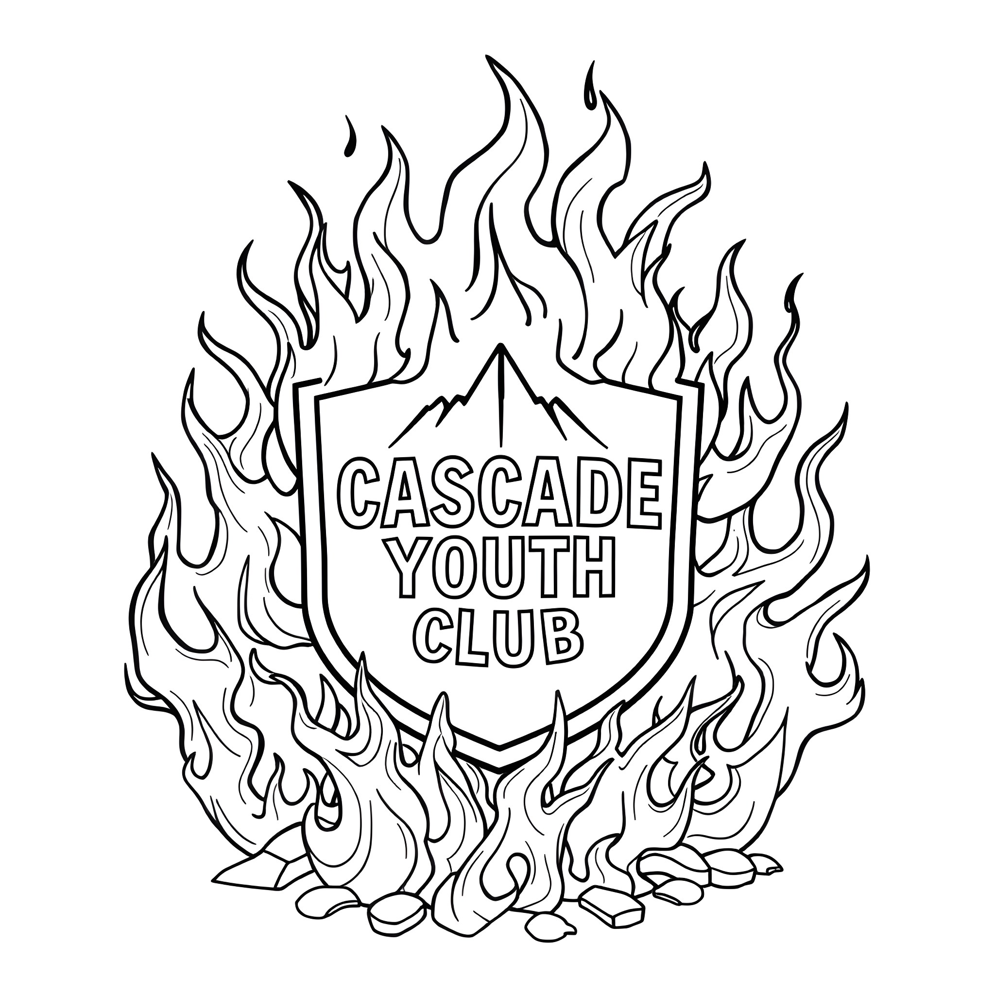 Cascade Youth Club - Fiery Shield Emblem Coloring Page (free black-and-white line drawing printable PDF for all, from beginners to advanced learners, including children, teens, adults, and seniors)