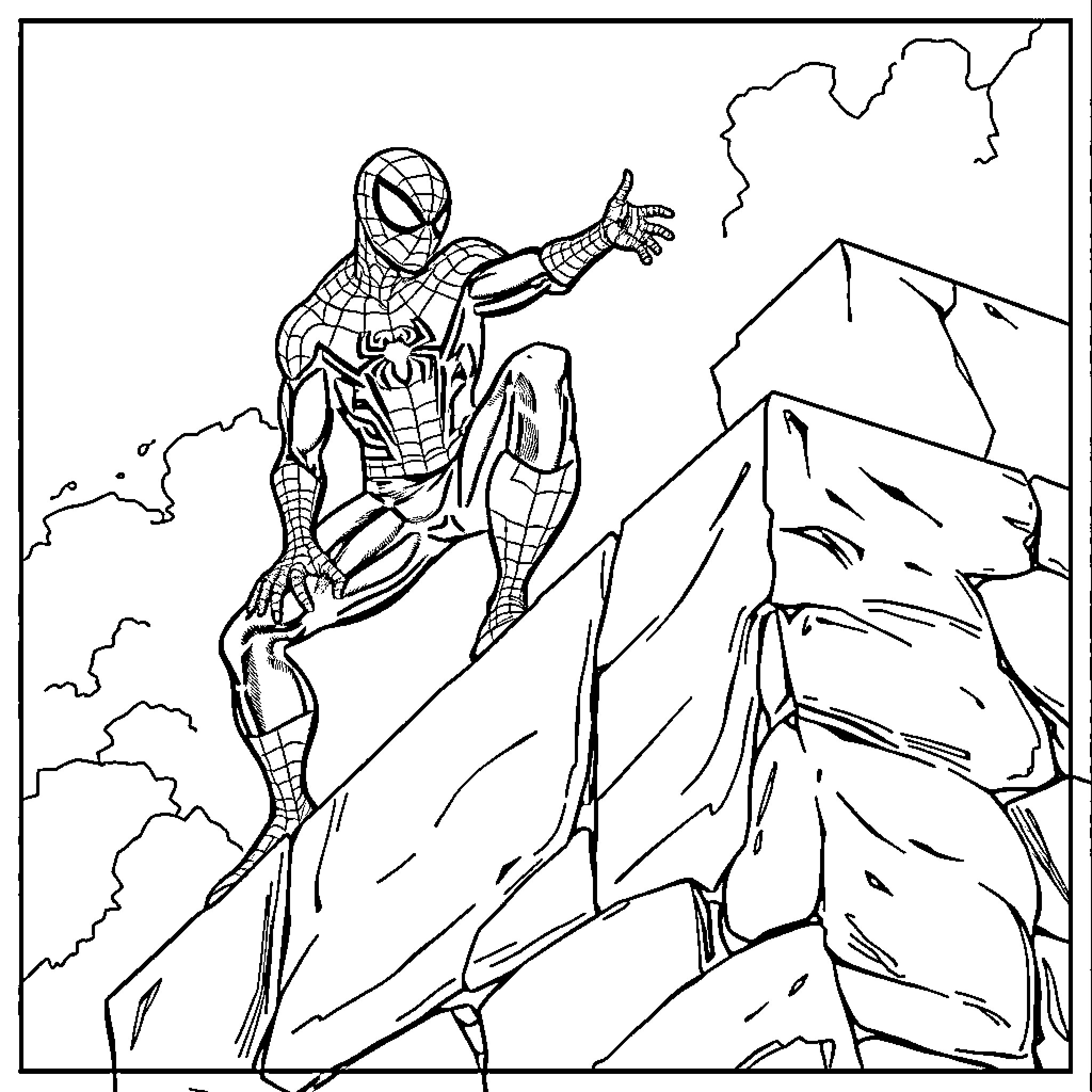 Spiderman posing heroically on a rocky cliffside Coloring Page (free black-and-white line drawing printable PDF for all, from beginners to advanced learners, including children, teens, adults, and seniors)