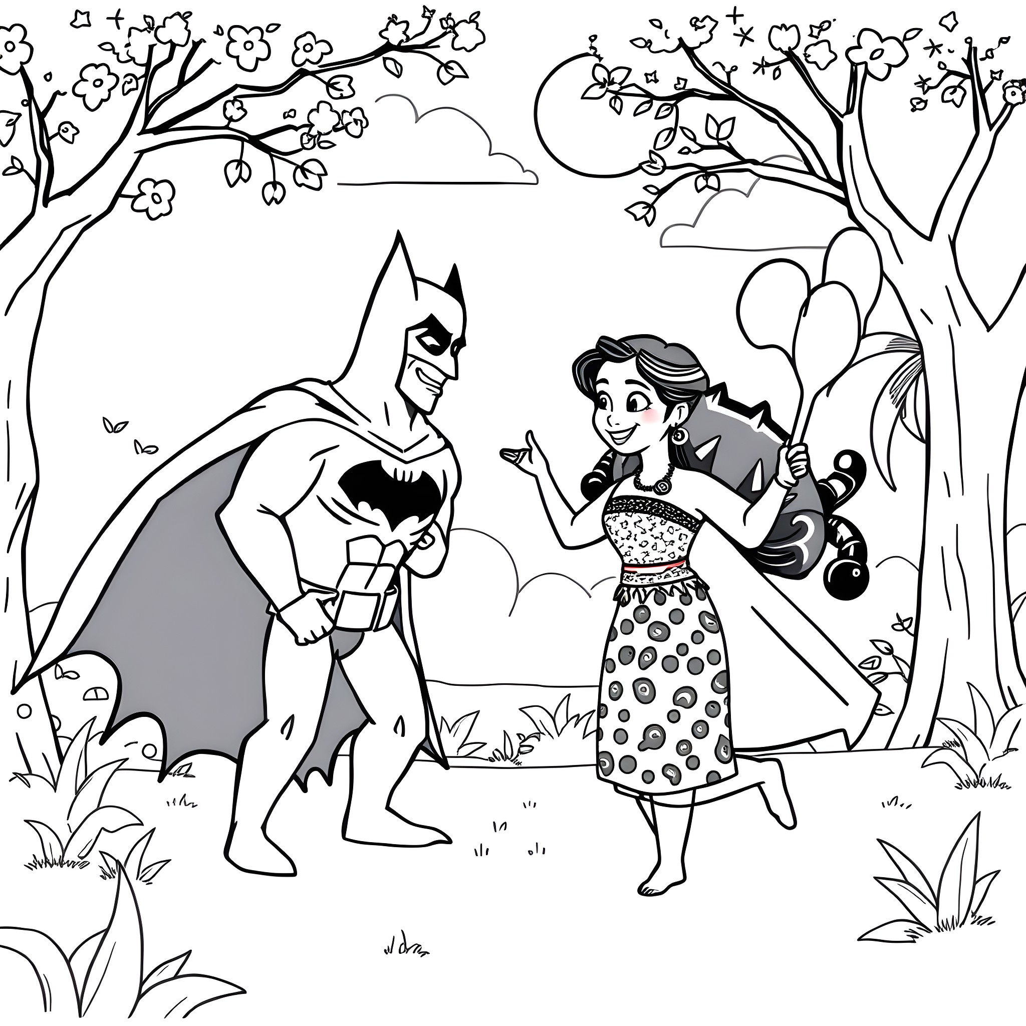 Moana meets Batman in the enchanted forest Coloring Page (free black-and-white line drawing printable PDF for all, from beginners to advanced learners, including children, teens, adults, and seniors)
