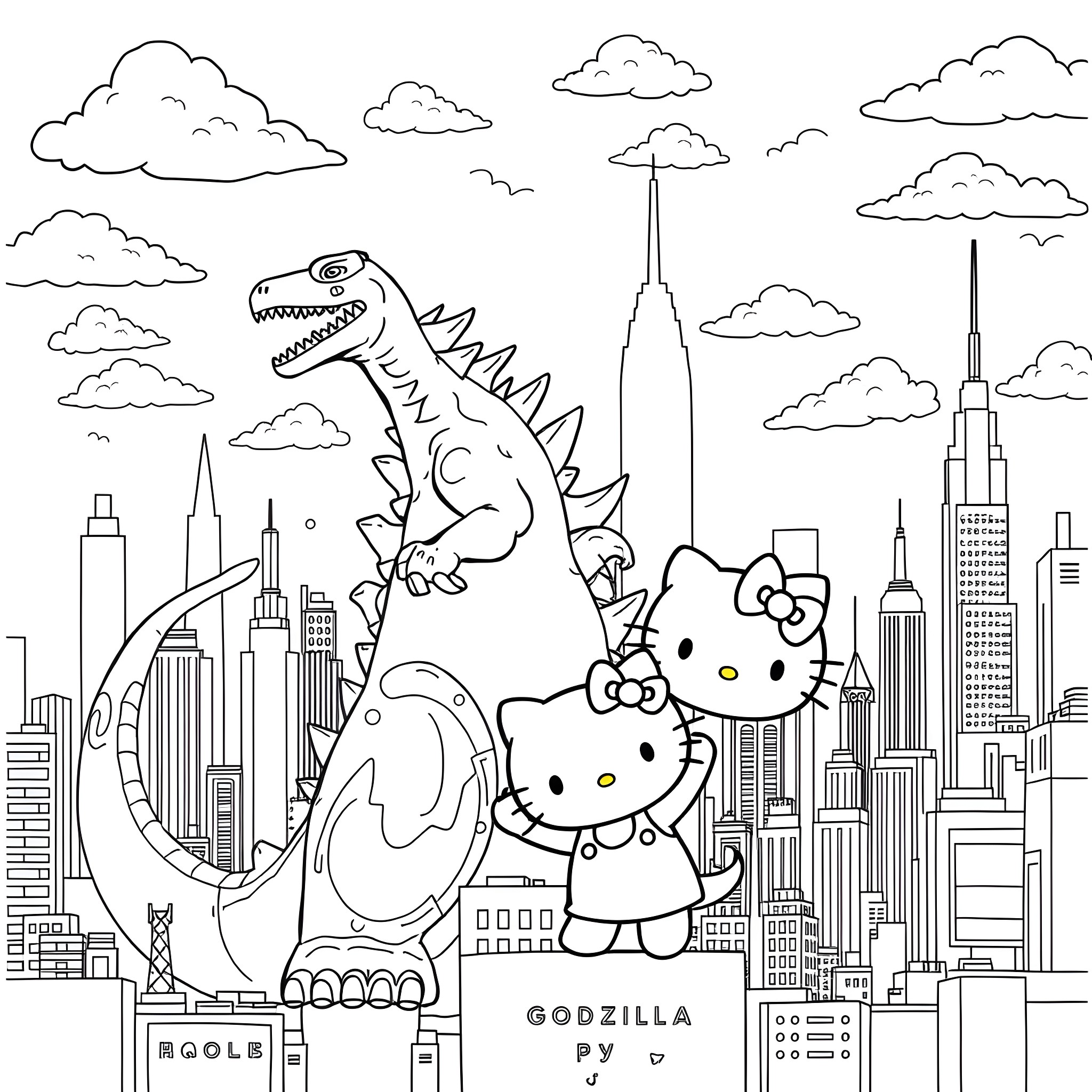 Godzilla and Hello Kitty explore the city skyline Coloring Page (free black-and-white line drawing printable PDF for all, from beginners to advanced learners, including children, teens, adults, and seniors)